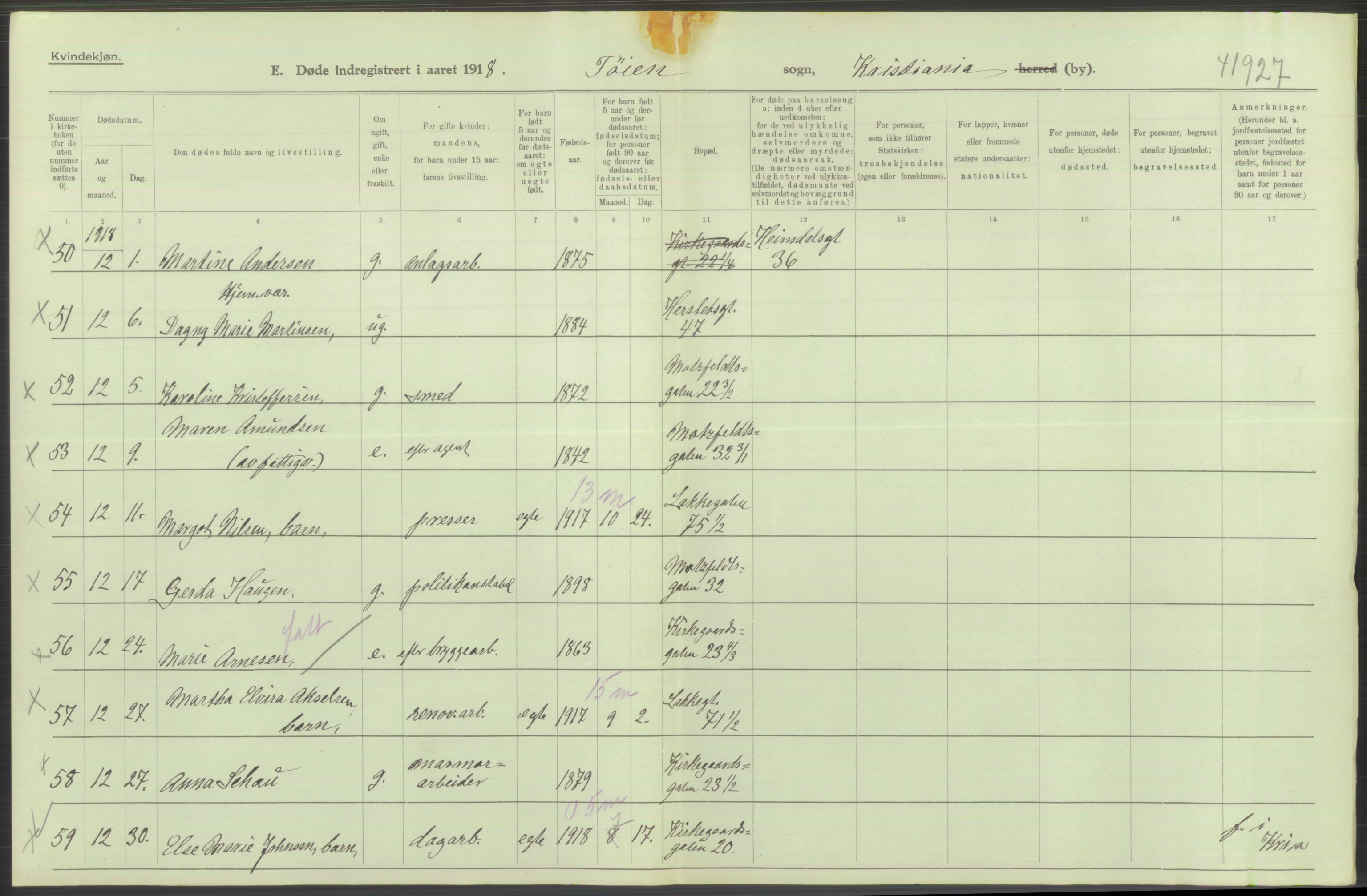 Statistisk sentralbyrå, Sosiodemografiske emner, Befolkning, RA/S-2228/D/Df/Dfb/Dfbh/L0011: Kristiania: Døde, dødfødte, 1918, s. 326