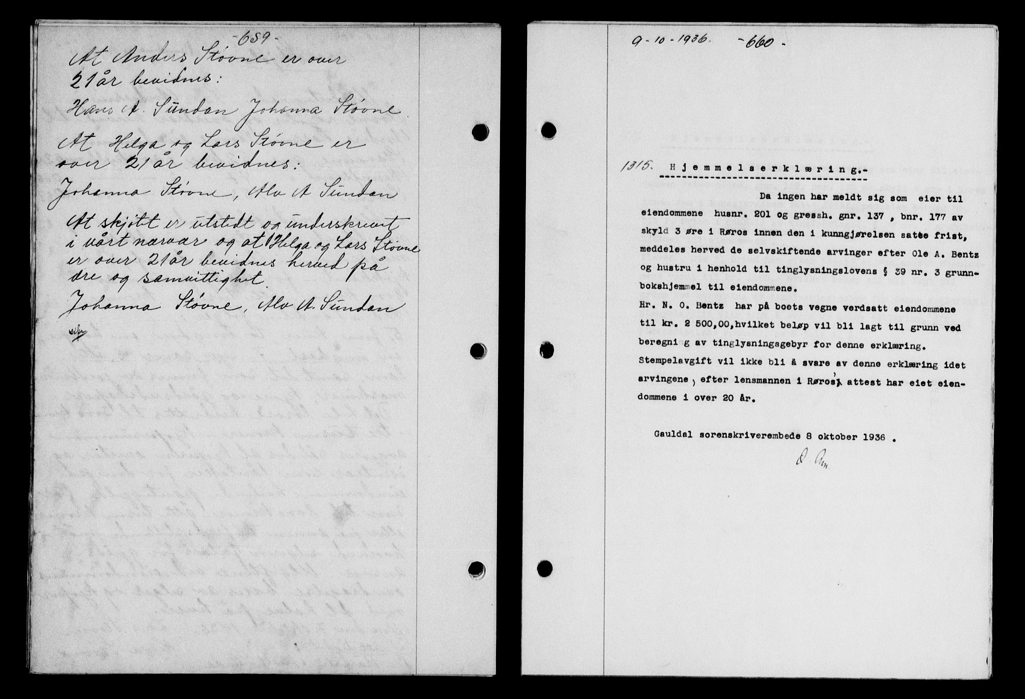 Gauldal sorenskriveri, SAT/A-0014/1/2/2C/L0046: Pantebok nr. 49-50, 1936-1937, Dagboknr: 1315/1936