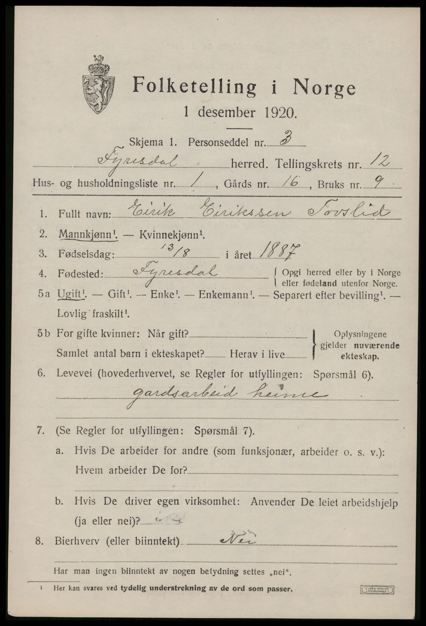 SAKO, Folketelling 1920 for 0831 Fyresdal herred, 1920, s. 4165