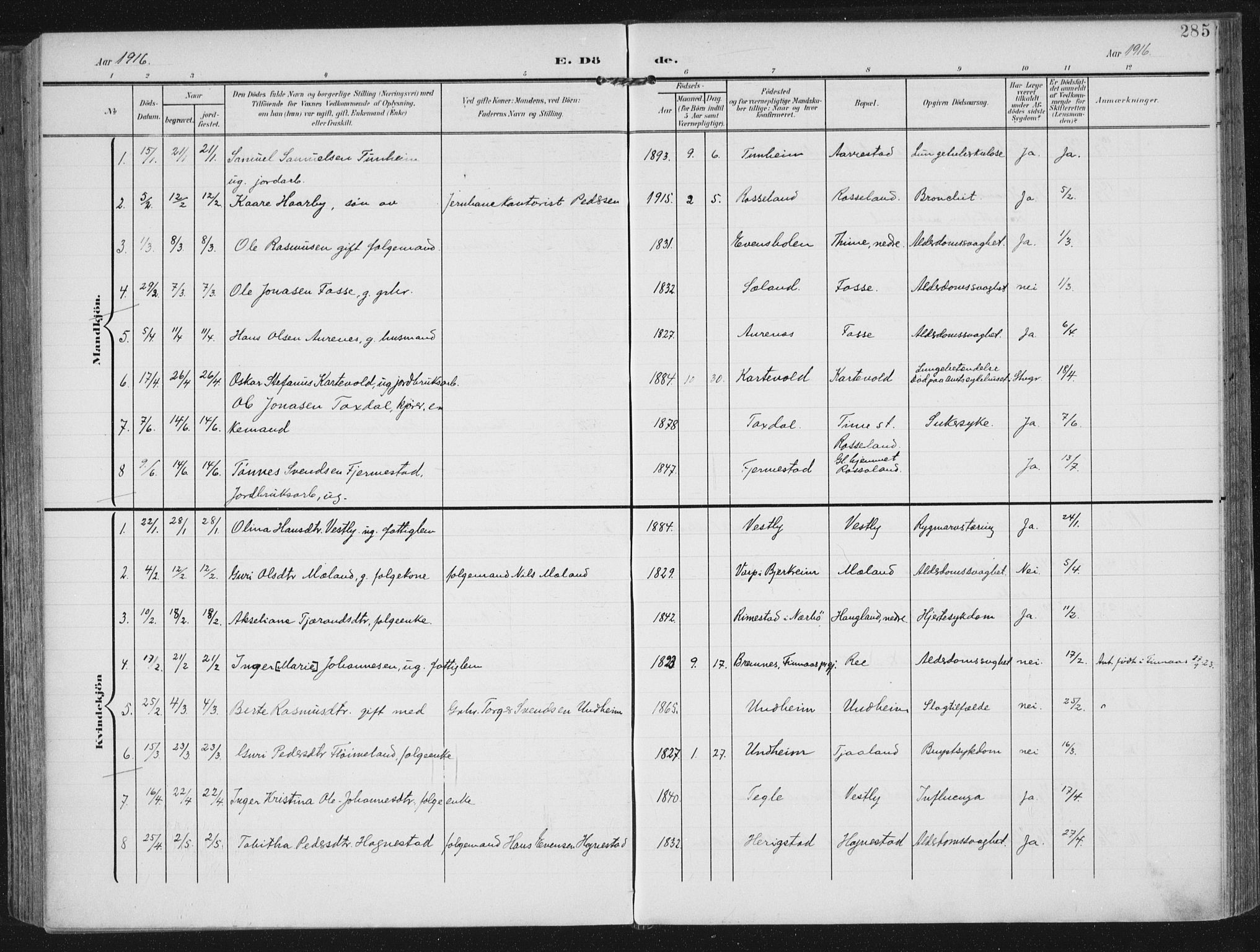 Lye sokneprestkontor, AV/SAST-A-101794/002/A/L0001: Ministerialbok nr. A 12, 1904-1920, s. 285