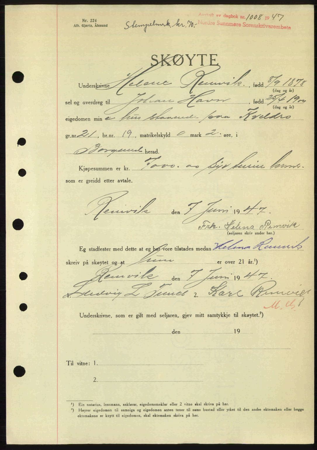 Nordre Sunnmøre sorenskriveri, AV/SAT-A-0006/1/2/2C/2Ca: Pantebok nr. A24, 1947-1947, Dagboknr: 1008/1947