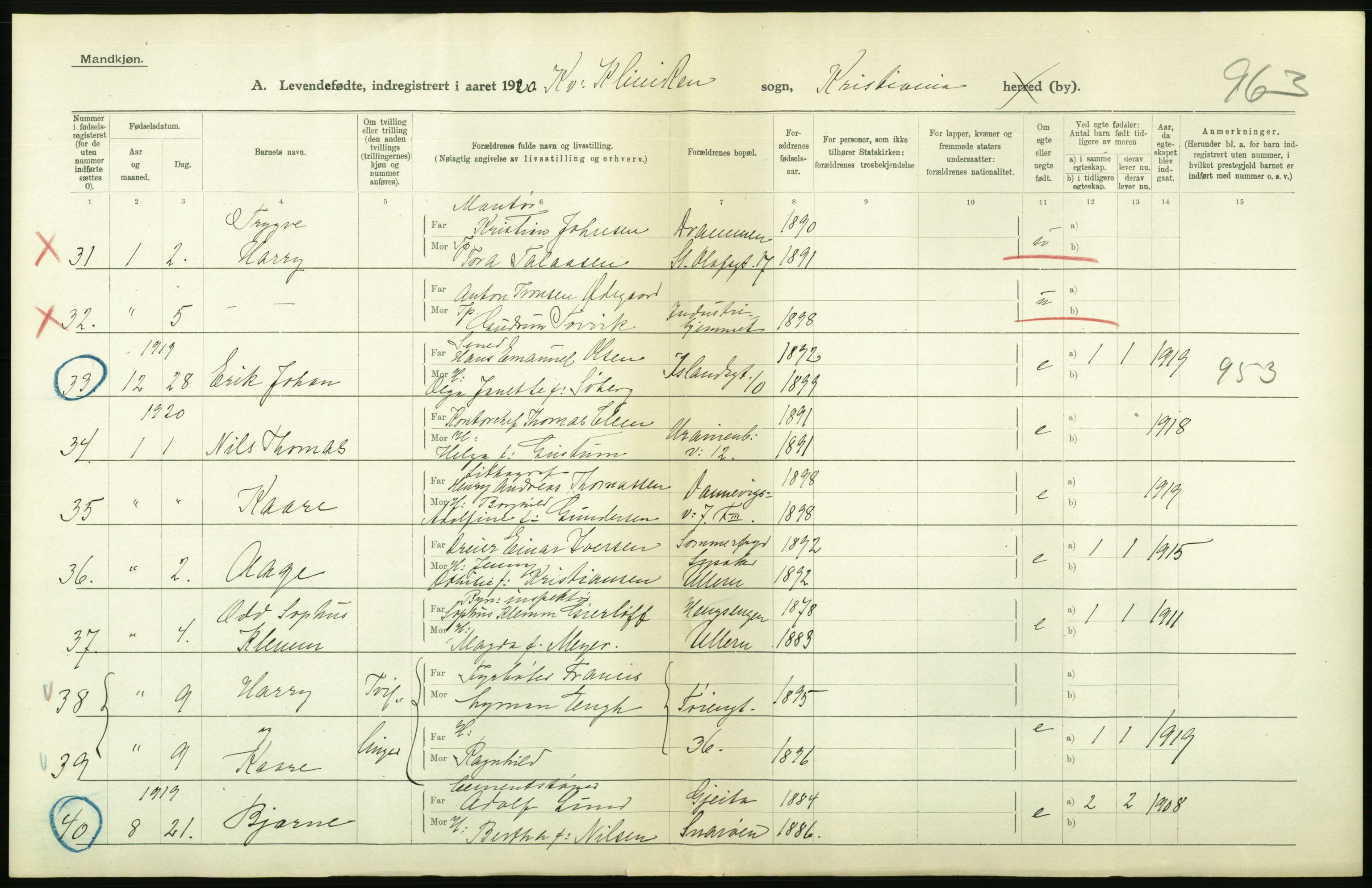 Statistisk sentralbyrå, Sosiodemografiske emner, Befolkning, RA/S-2228/D/Df/Dfb/Dfbj/L0008: Kristiania: Levendefødte menn og kvinner., 1920, s. 328