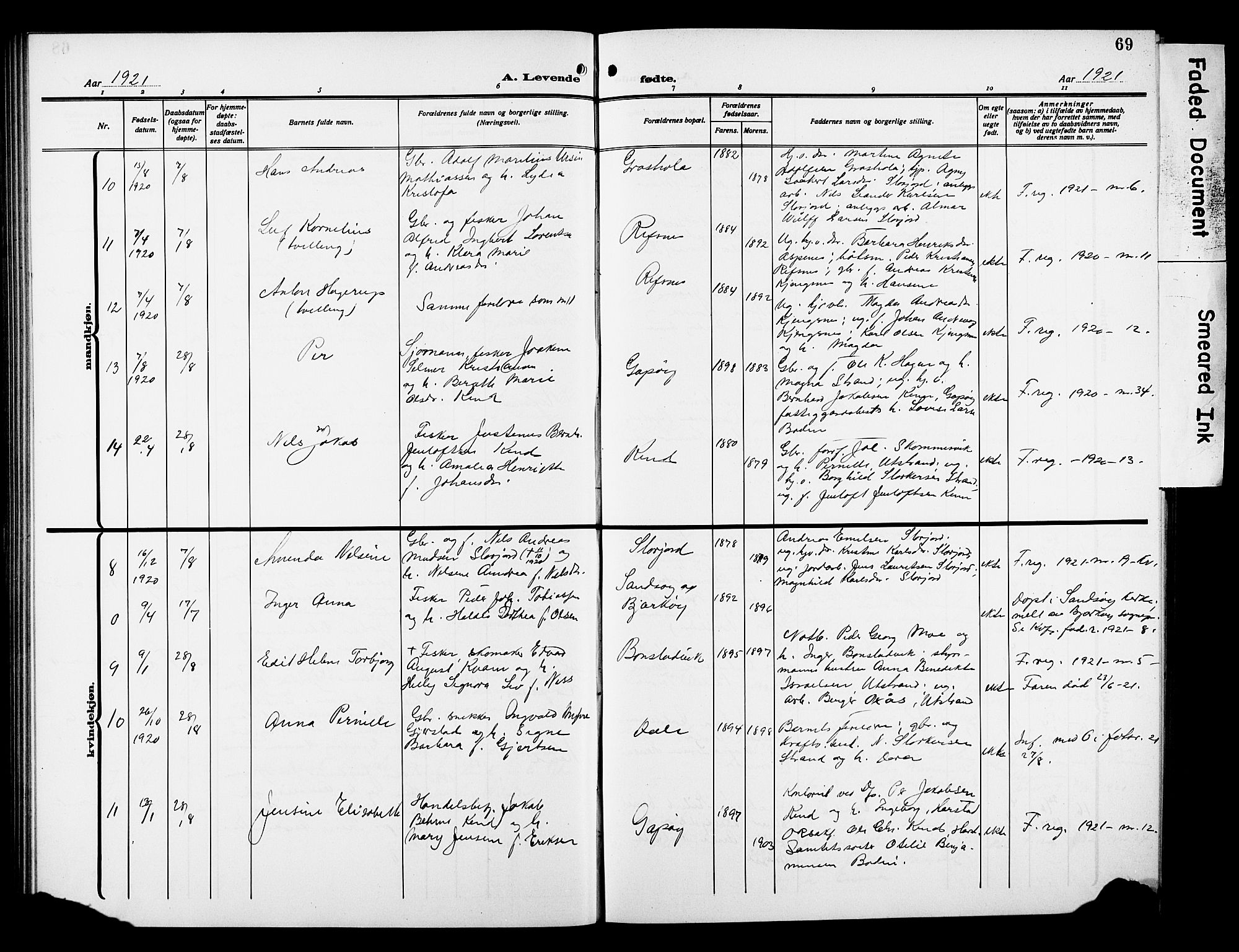 Kvæfjord sokneprestkontor, AV/SATØ-S-1323/G/Ga/Gab/L0006klokker: Klokkerbok nr. 6, 1912-1931, s. 69