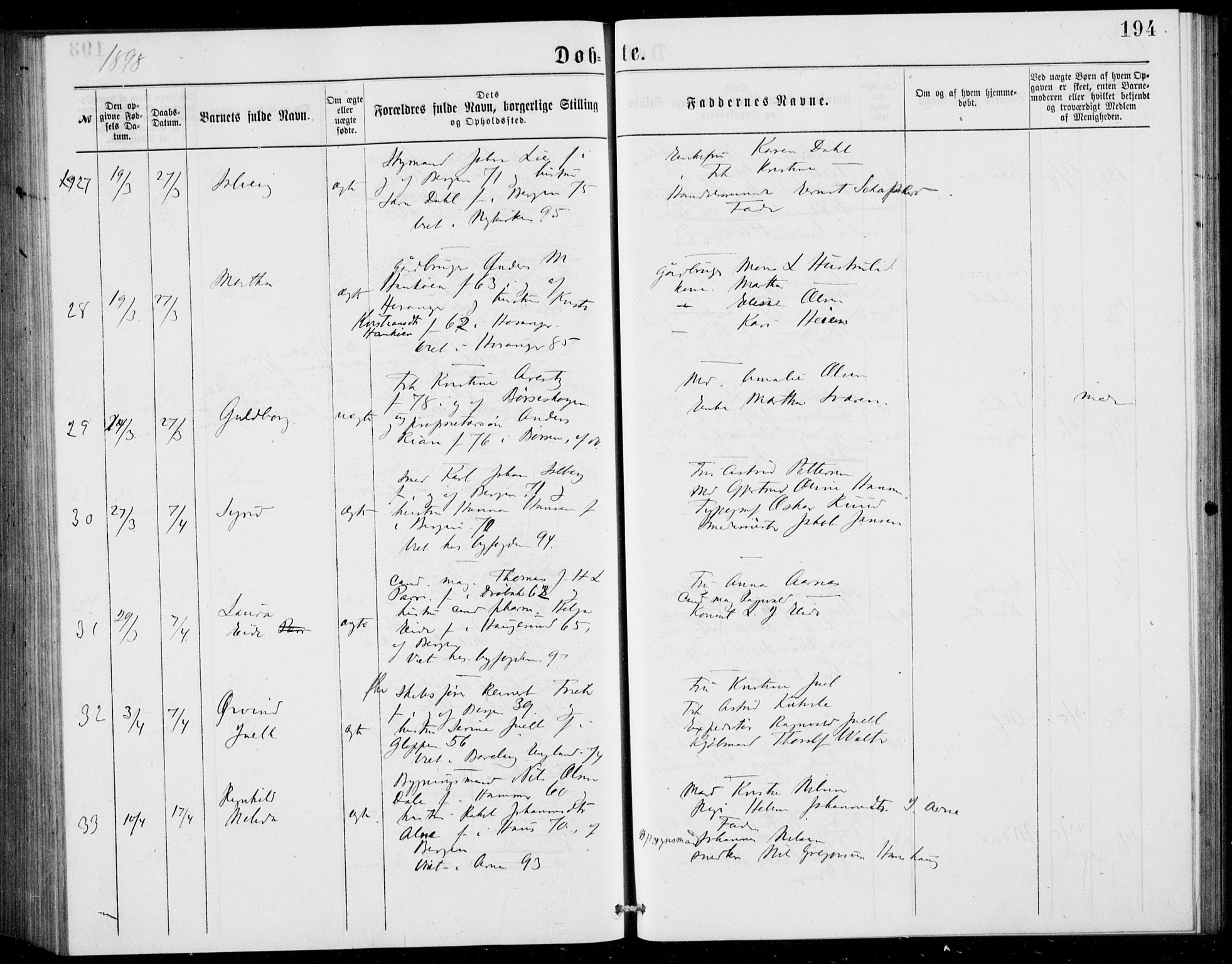 Fødselsstiftelsens sokneprestembete, ført av overlegen*, SAB/-: Ministerialbok nr. A 2, 1884-1900, s. 194