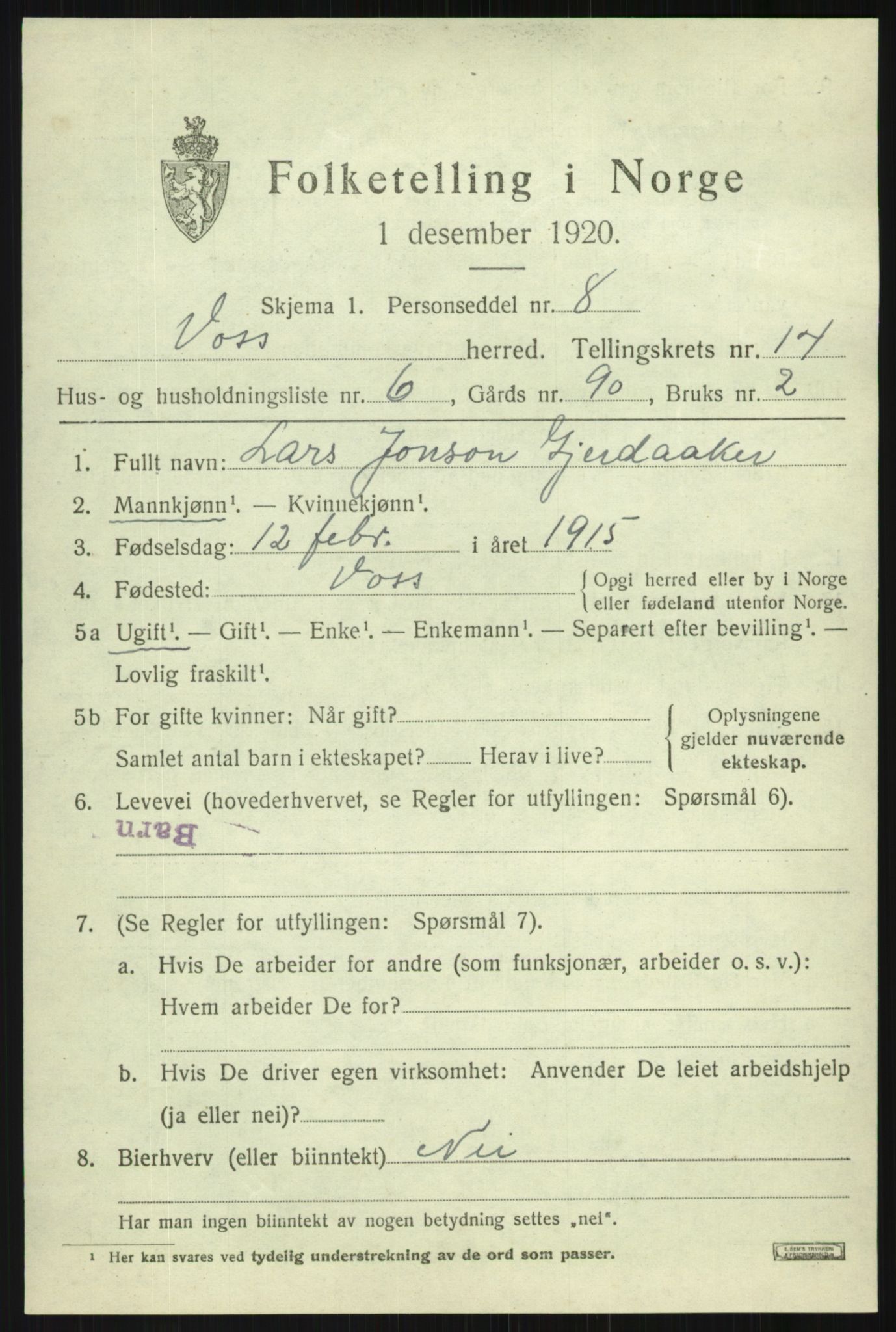 SAB, Folketelling 1920 for 1235 Voss herred, 1920, s. 11803