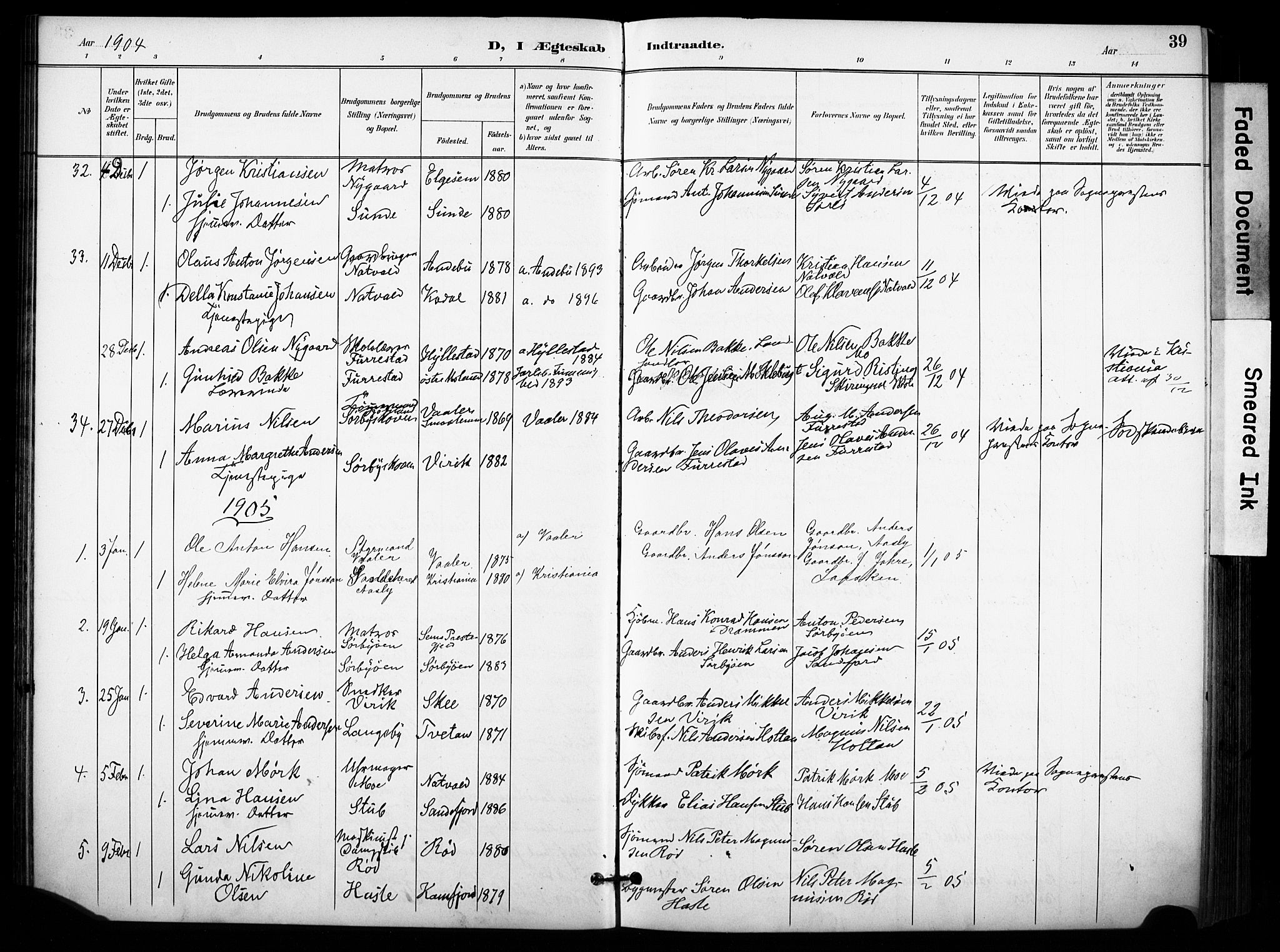 Sandar kirkebøker, AV/SAKO-A-243/F/Fa/L0015: Ministerialbok nr. 15, 1896-1907, s. 39