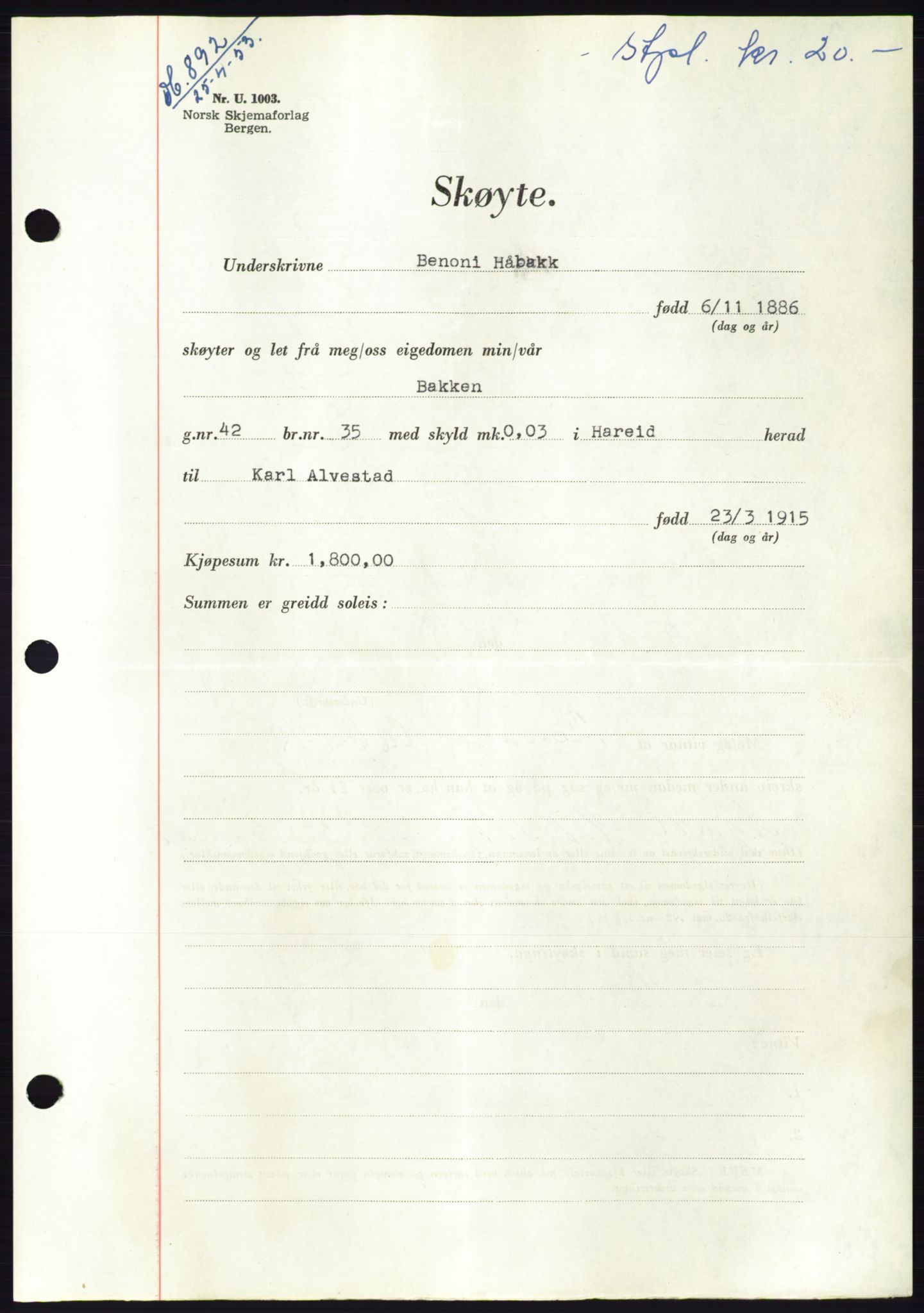 Søre Sunnmøre sorenskriveri, AV/SAT-A-4122/1/2/2C/L0094: Pantebok nr. 20A, 1953-1953, Dagboknr: 892/1953