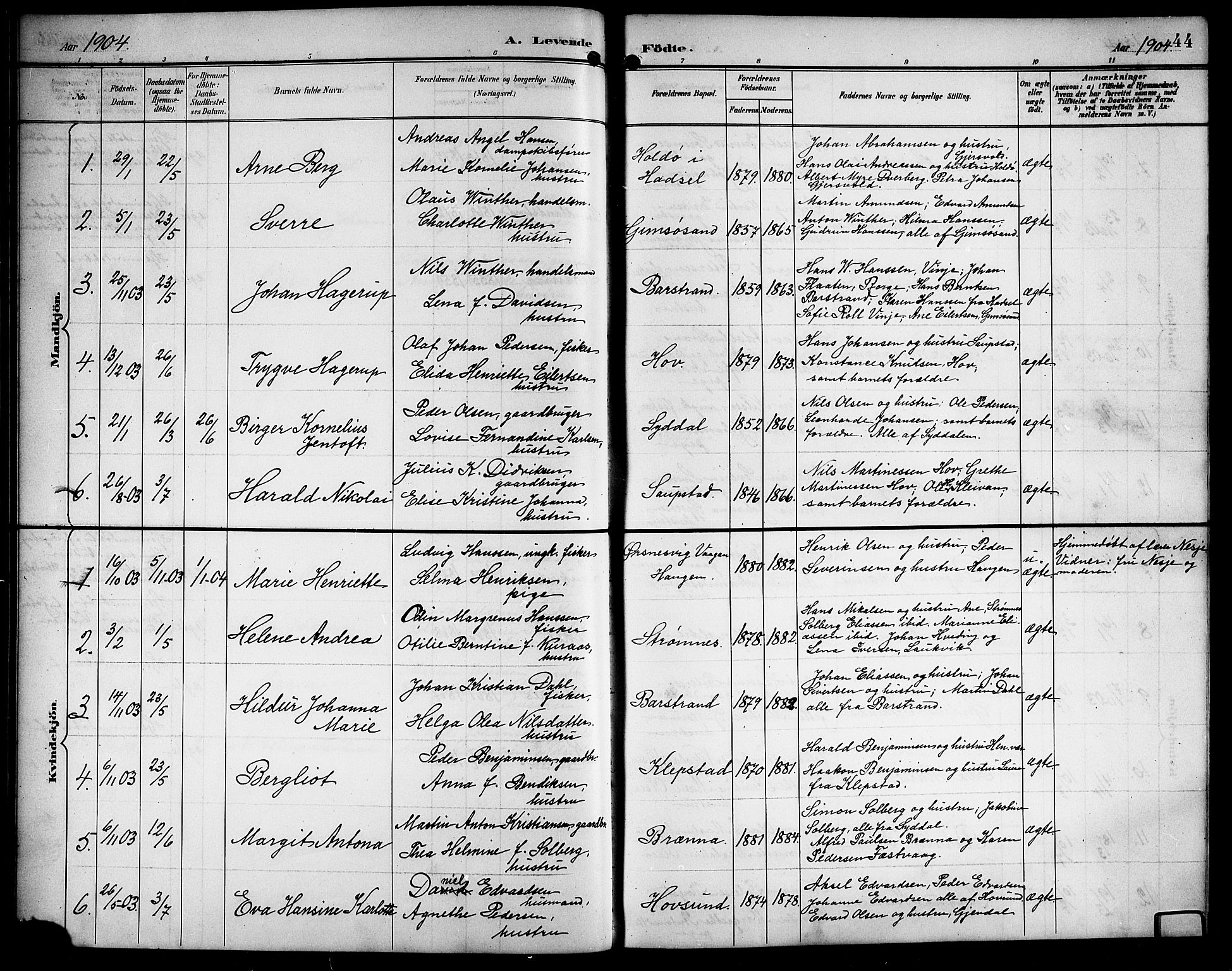 Ministerialprotokoller, klokkerbøker og fødselsregistre - Nordland, AV/SAT-A-1459/876/L1105: Klokkerbok nr. 876C04, 1896-1914, s. 44