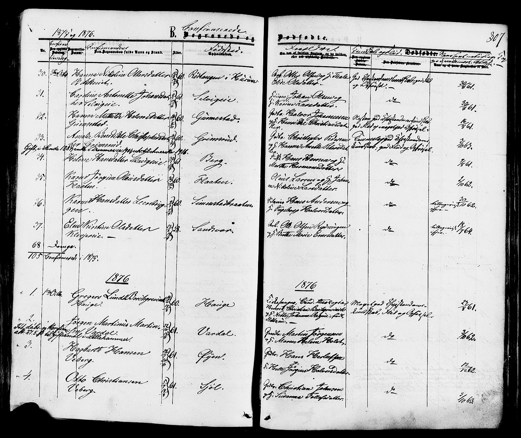 Sande Kirkebøker, AV/SAKO-A-53/F/Fa/L0005: Ministerialbok nr. 5, 1865-1877, s. 307