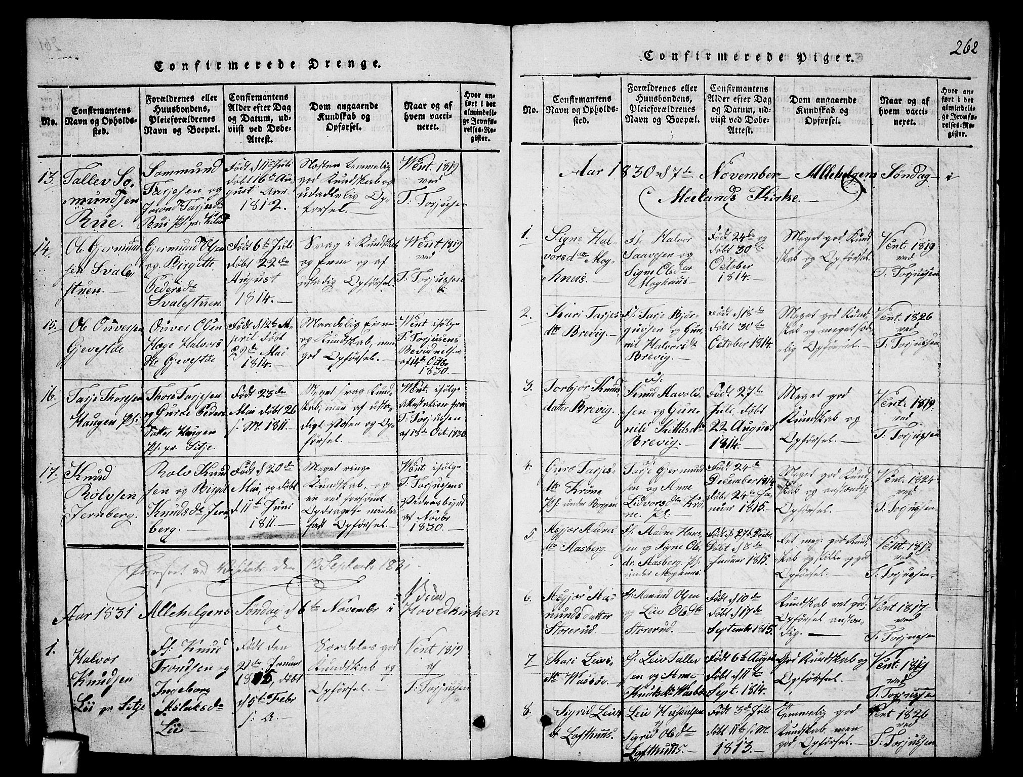 Fyresdal kirkebøker, AV/SAKO-A-263/G/Ga/L0001: Klokkerbok nr. I 1, 1816-1840, s. 262