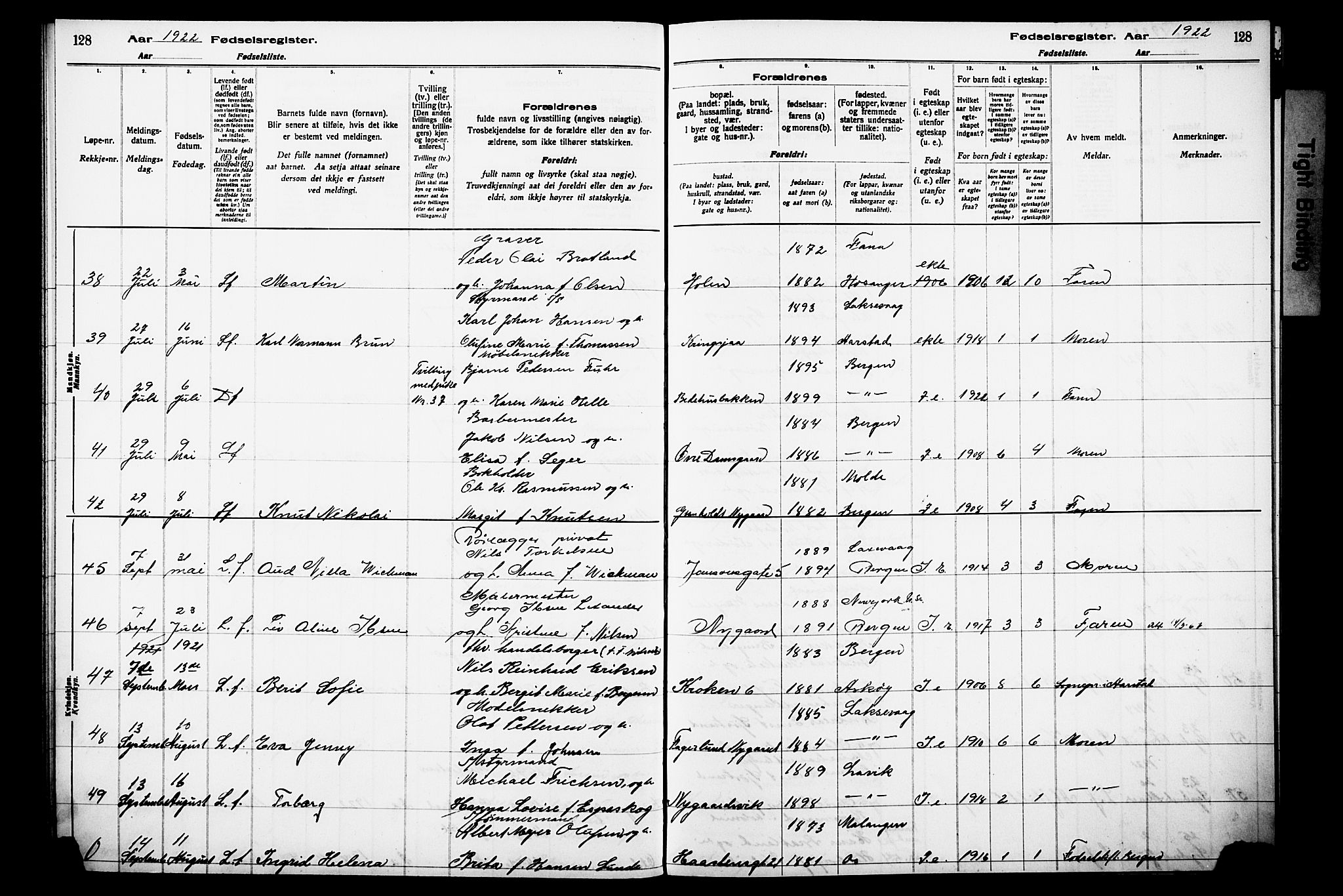 Laksevåg Sokneprestembete, AV/SAB-A-76501/I/Id/L00A1: Fødselsregister nr. A 1, 1916-1926, s. 128