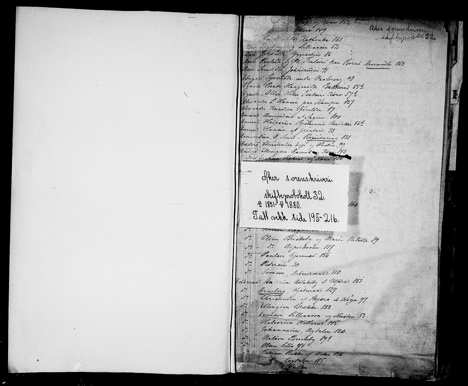 Aker sorenskriveri, SAO/A-10895/H/Ha/Hac/L0002: Skiftelister, 1851-1880