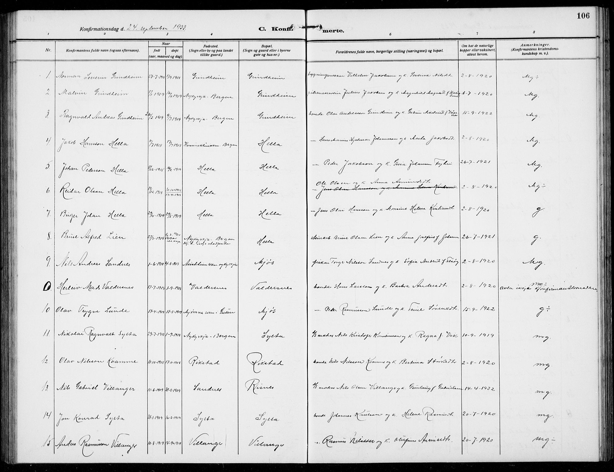 Manger sokneprestembete, AV/SAB-A-76801/H/Hab: Klokkerbok nr. B  5, 1922-1938, s. 106