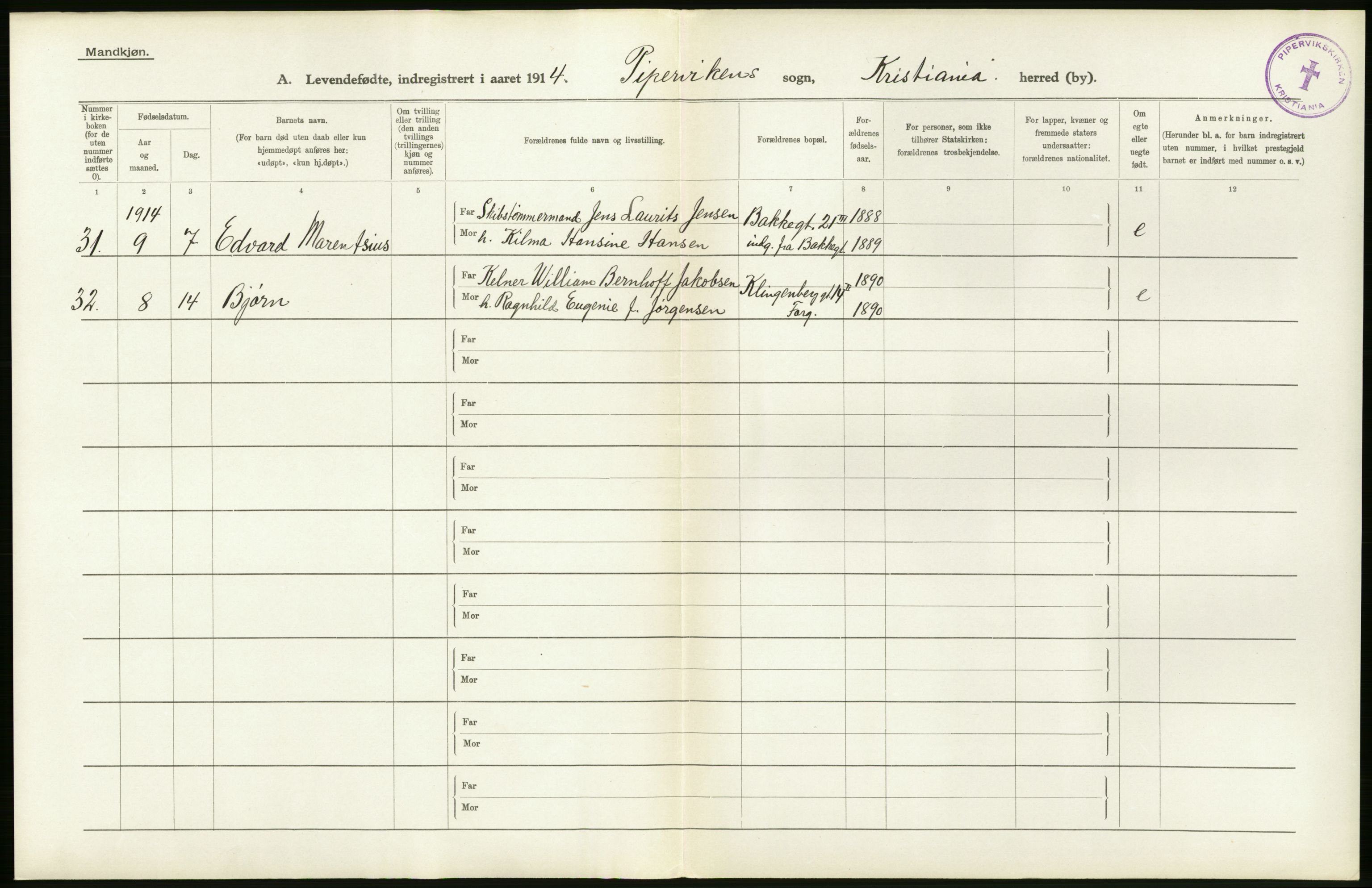 Statistisk sentralbyrå, Sosiodemografiske emner, Befolkning, AV/RA-S-2228/D/Df/Dfb/Dfbd/L0005: Kristiania: Levendefødte menn og kvinner., 1914, s. 4