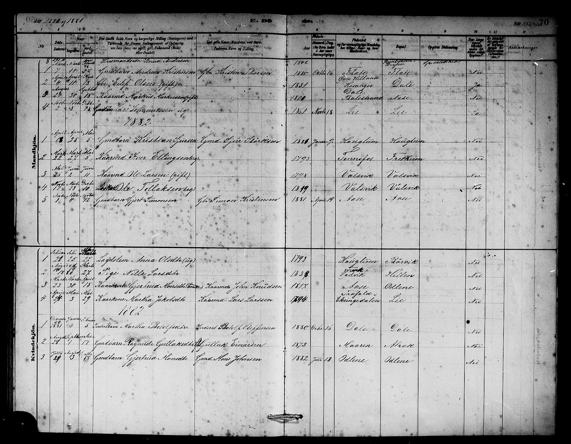 Vik sokneprestembete, AV/SAB-A-81501/H/Hab/Habb/L0002: Klokkerbok nr. B 2, 1878-1893, s. 70