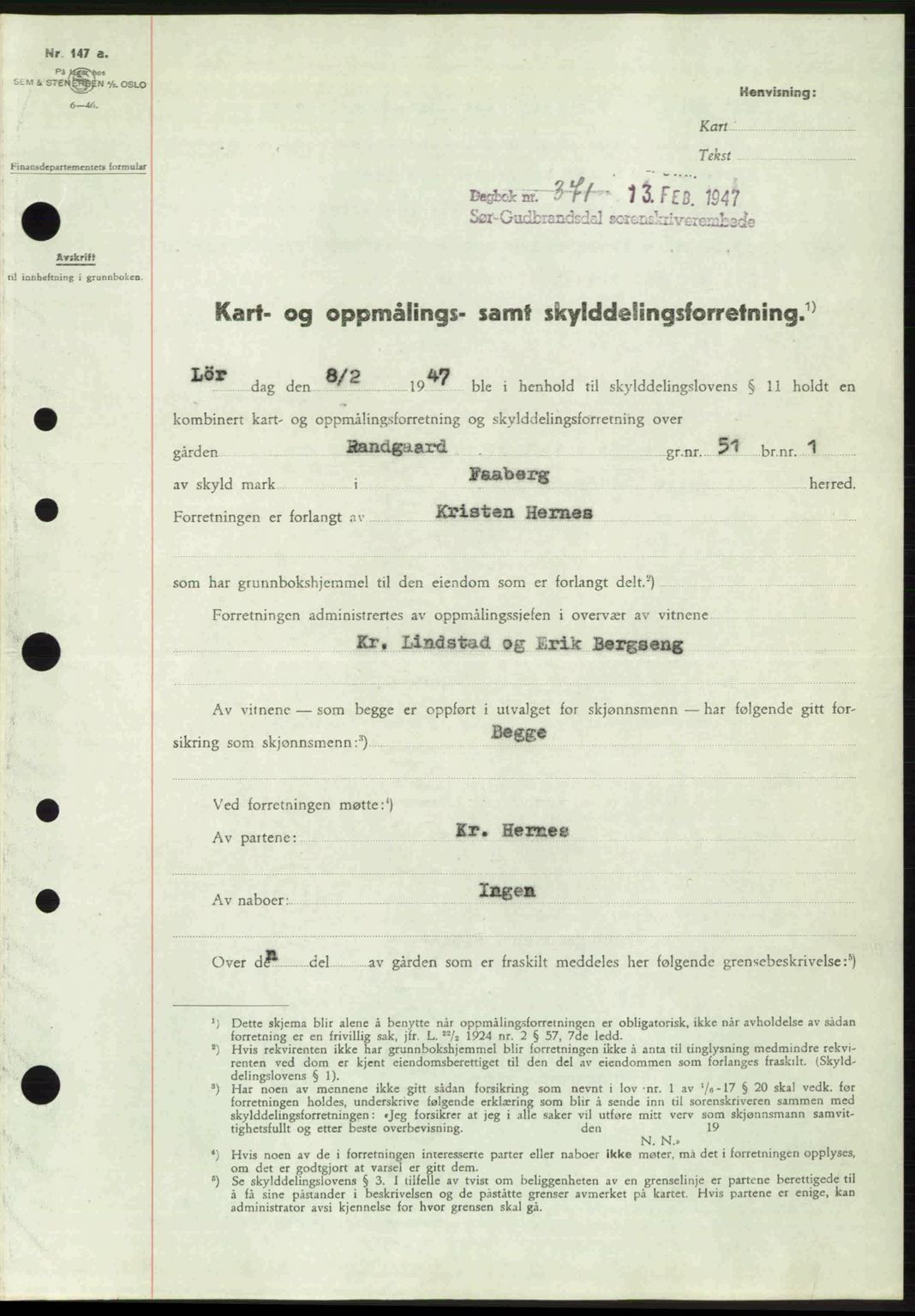 Sør-Gudbrandsdal tingrett, SAH/TING-004/H/Hb/Hbd/L0018: Pantebok nr. A18, 1947-1947, Dagboknr: 371/1947