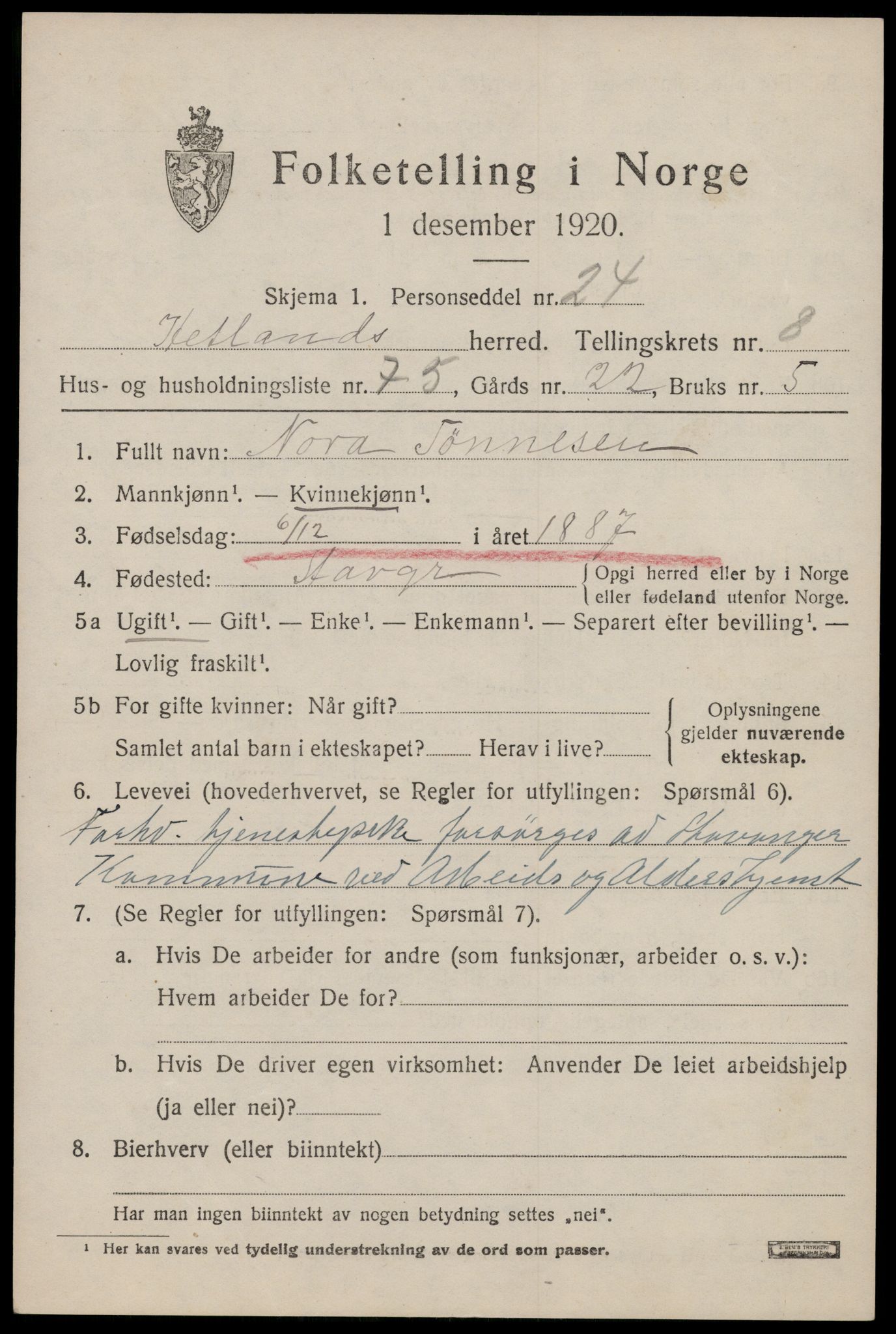 SAST, Folketelling 1920 for 1126 Hetland herred, 1920, s. 16771