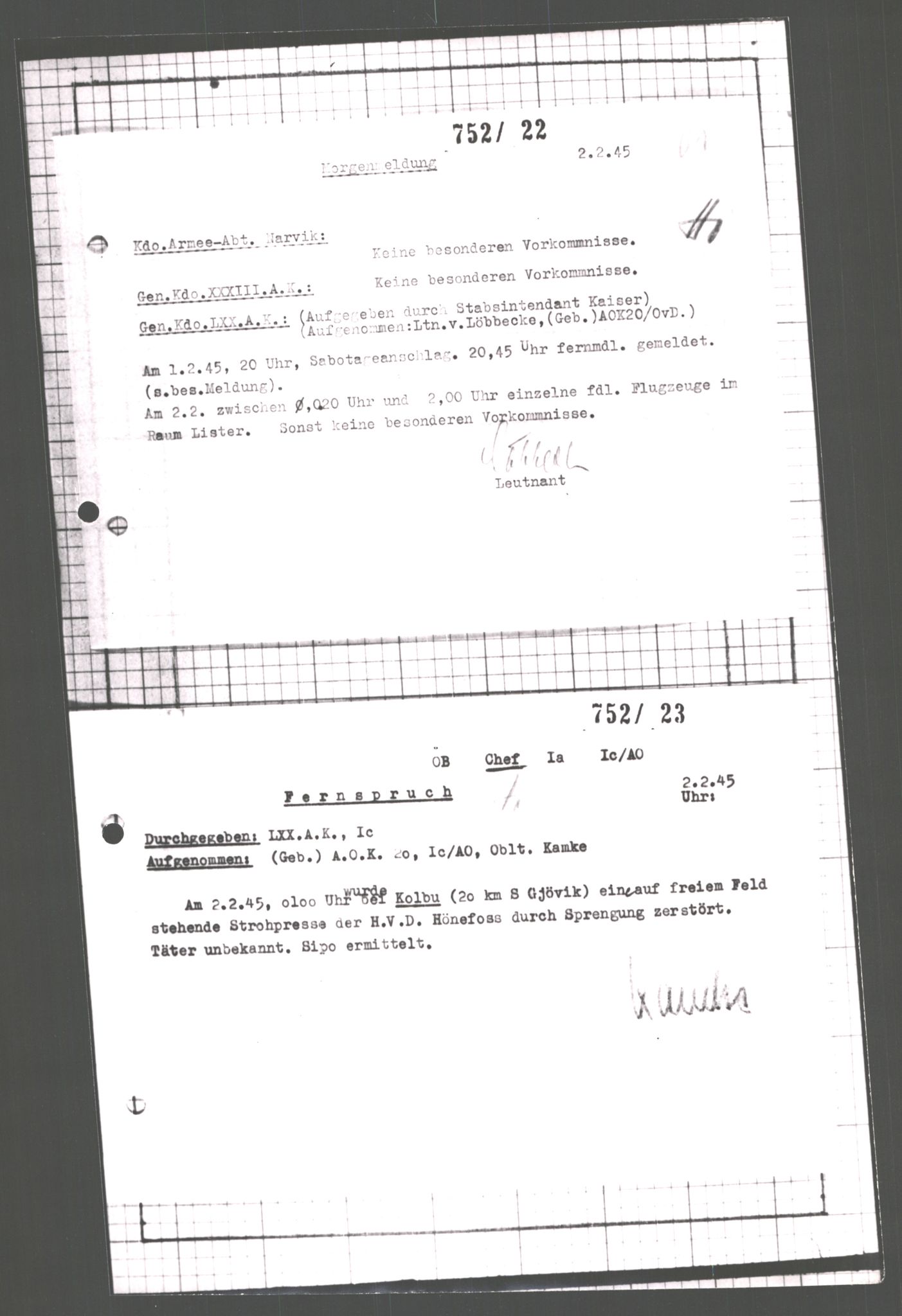Forsvarets Overkommando. 2 kontor. Arkiv 11.4. Spredte tyske arkivsaker, AV/RA-RAFA-7031/D/Dar/Dara/L0007: Krigsdagbøker for 20. Gebirgs-Armee-Oberkommando (AOK 20), 1945, s. 60