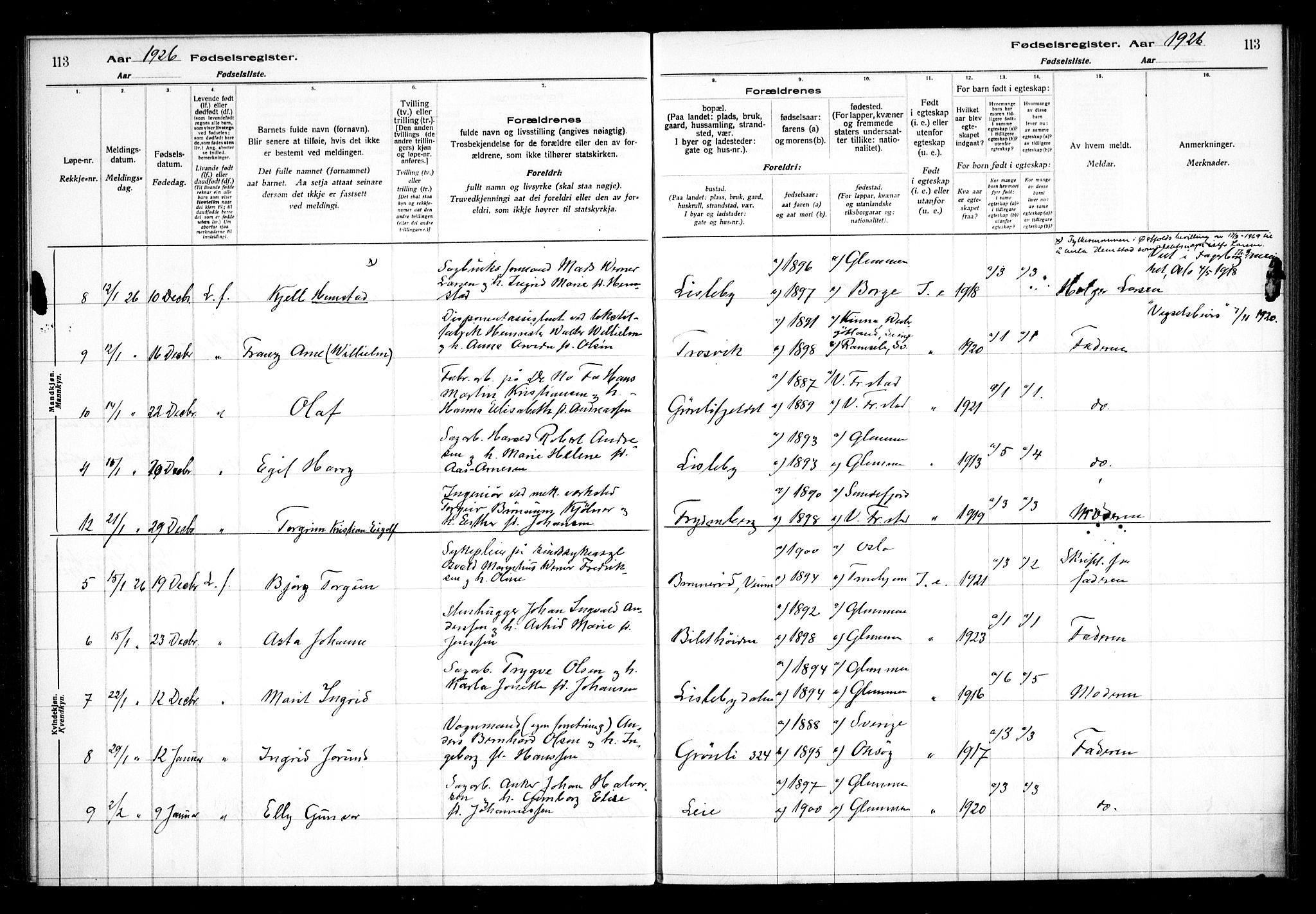 Glemmen prestekontor Kirkebøker, AV/SAO-A-10908/J/Ja/L0002: Fødselsregister nr. I 2, 1922-1929, s. 113