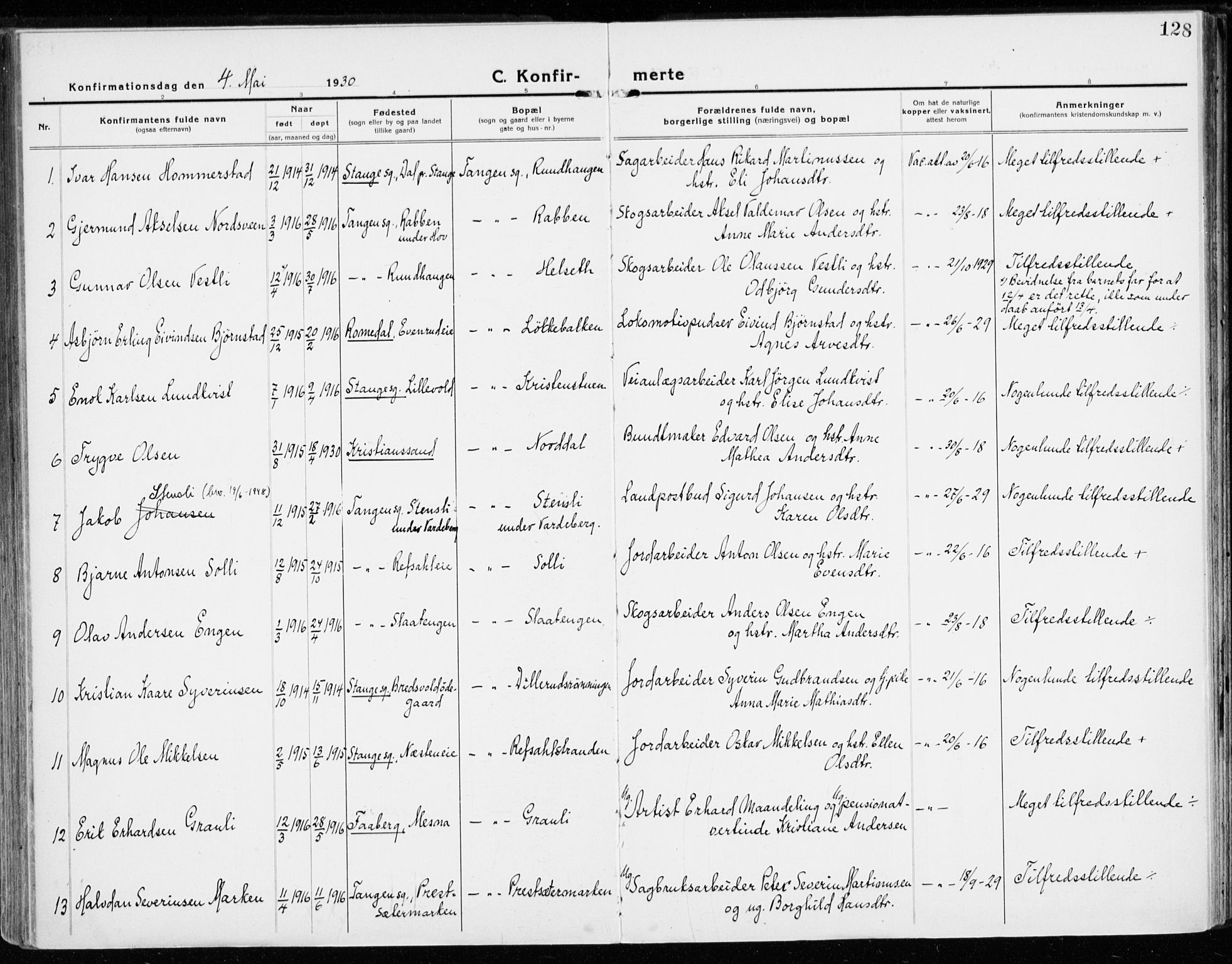 Stange prestekontor, AV/SAH-PREST-002/K/L0025: Ministerialbok nr. 25, 1921-1945, s. 128