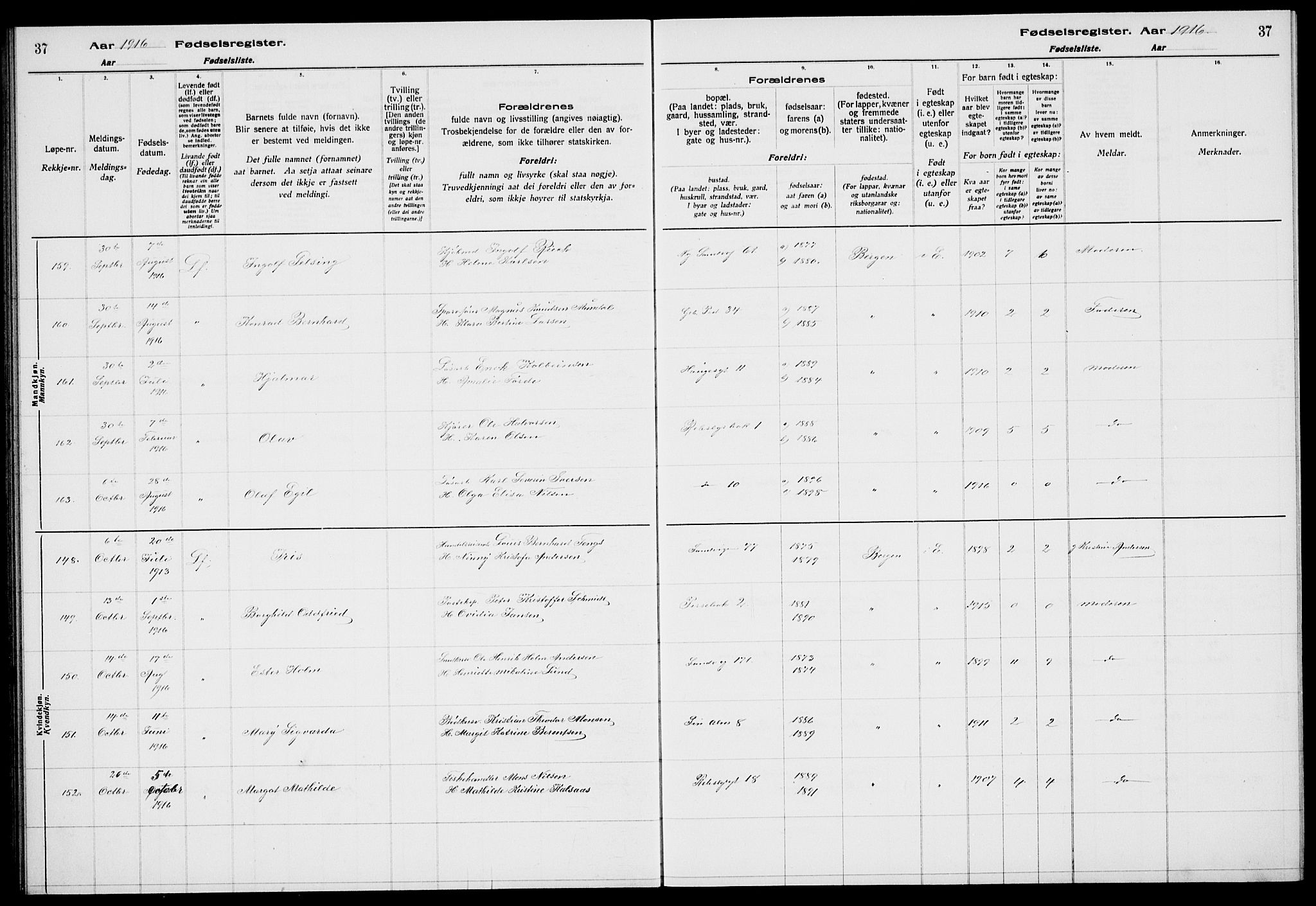 Sandviken Sokneprestembete, SAB/A-77601/I/Ib/L00A1: Fødselsregister nr. A 1, 1915-1920, s. 37