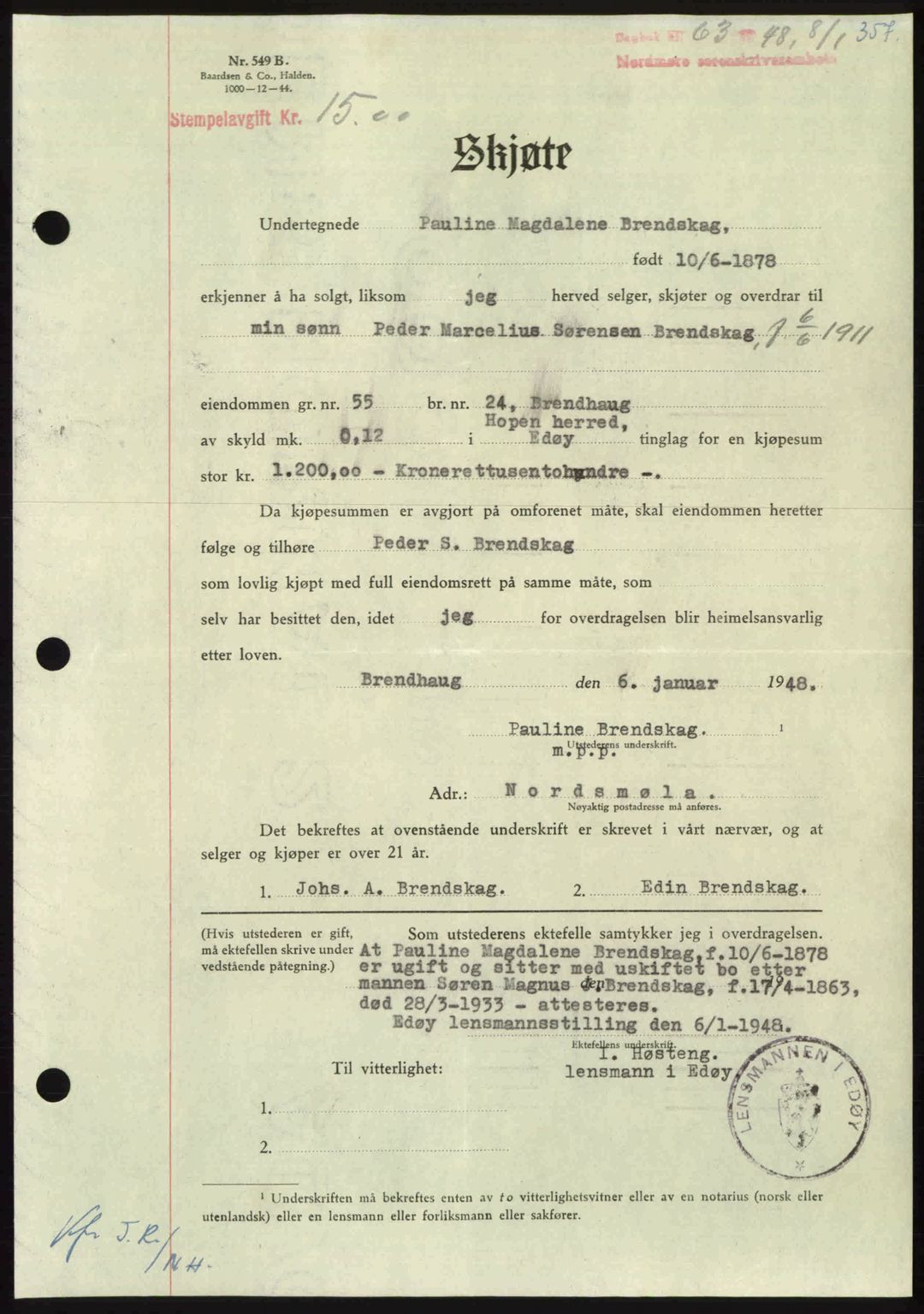 Nordmøre sorenskriveri, AV/SAT-A-4132/1/2/2Ca: Pantebok nr. A107, 1947-1948, Dagboknr: 63/1948