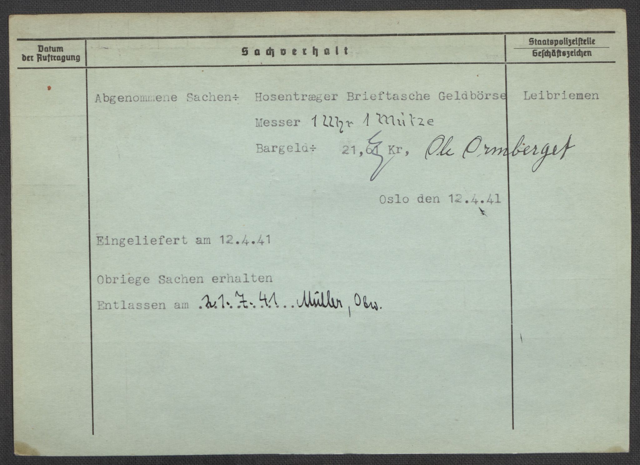 Befehlshaber der Sicherheitspolizei und des SD, AV/RA-RAFA-5969/E/Ea/Eaa/L0008: Register over norske fanger i Møllergata 19: Oelze-Ru, 1940-1945, s. 485