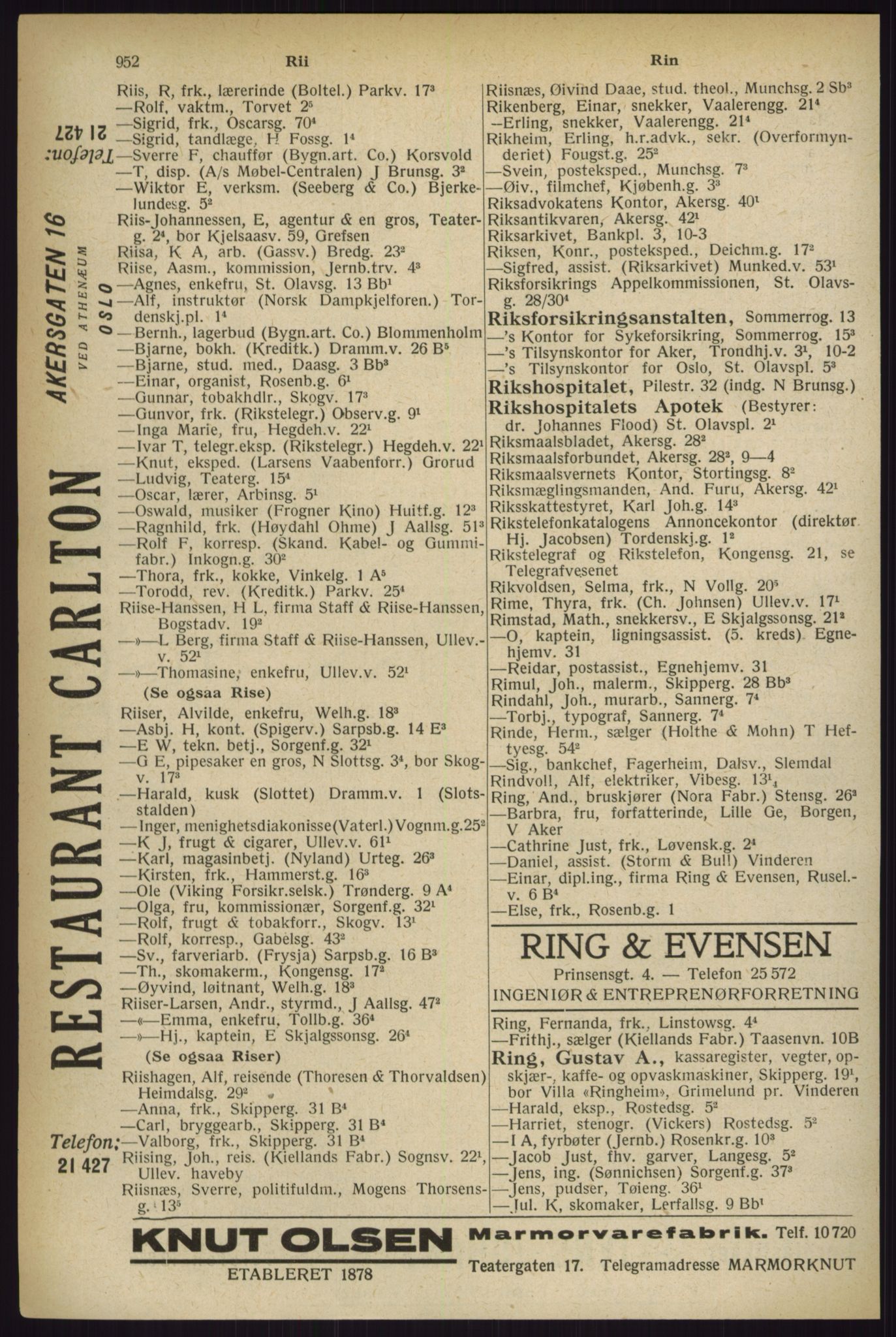 Kristiania/Oslo adressebok, PUBL/-, 1927, s. 952