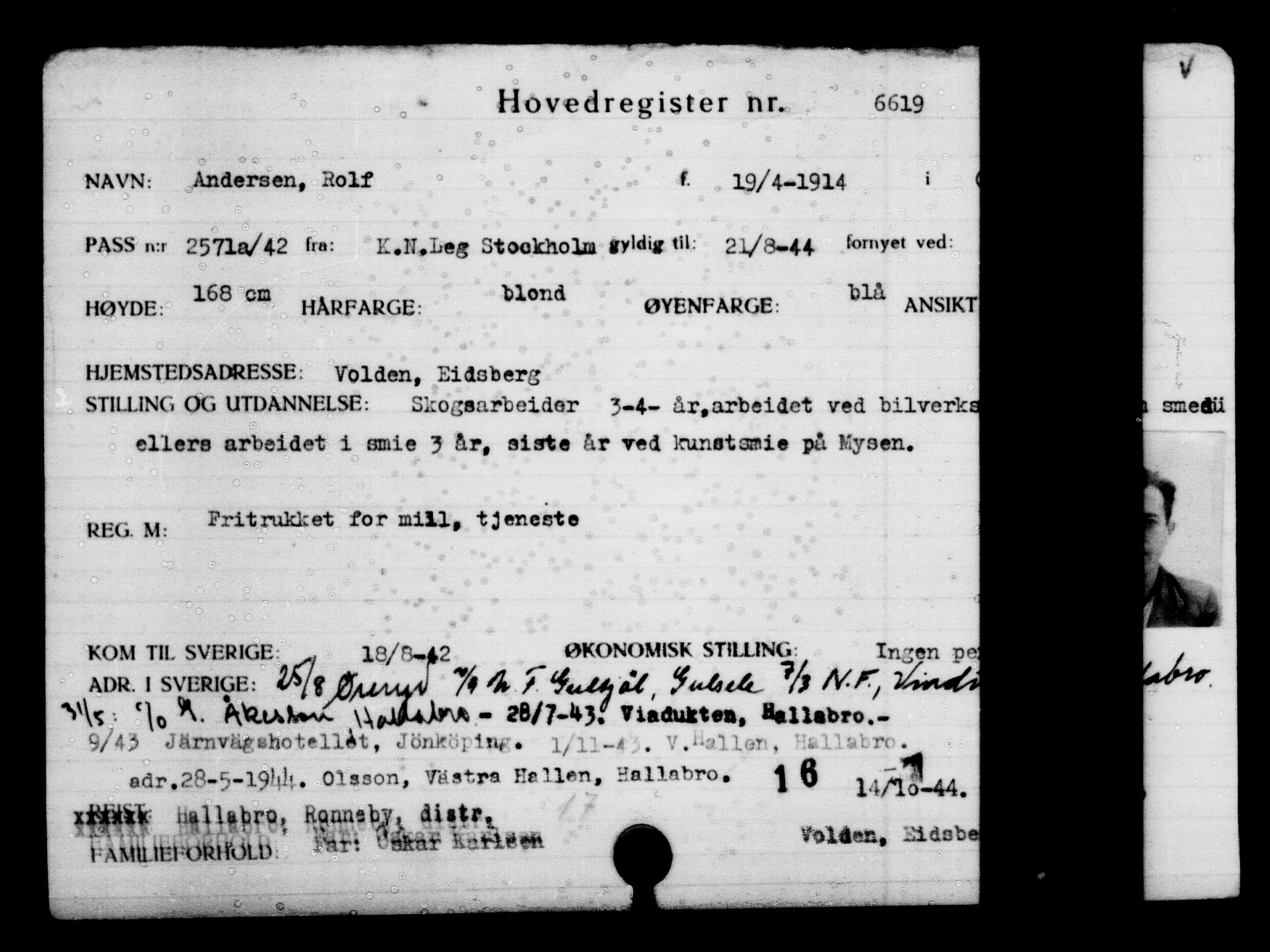 Utenriksstasjonene, Legasjonen i Stockholm, Flyktningkontoret, AV/RA-S-6753/V/Va/L0005: Kjesäterkartoteket, flyktninger med registreringsnr. 6600-9417, 1940-1945, s. 29