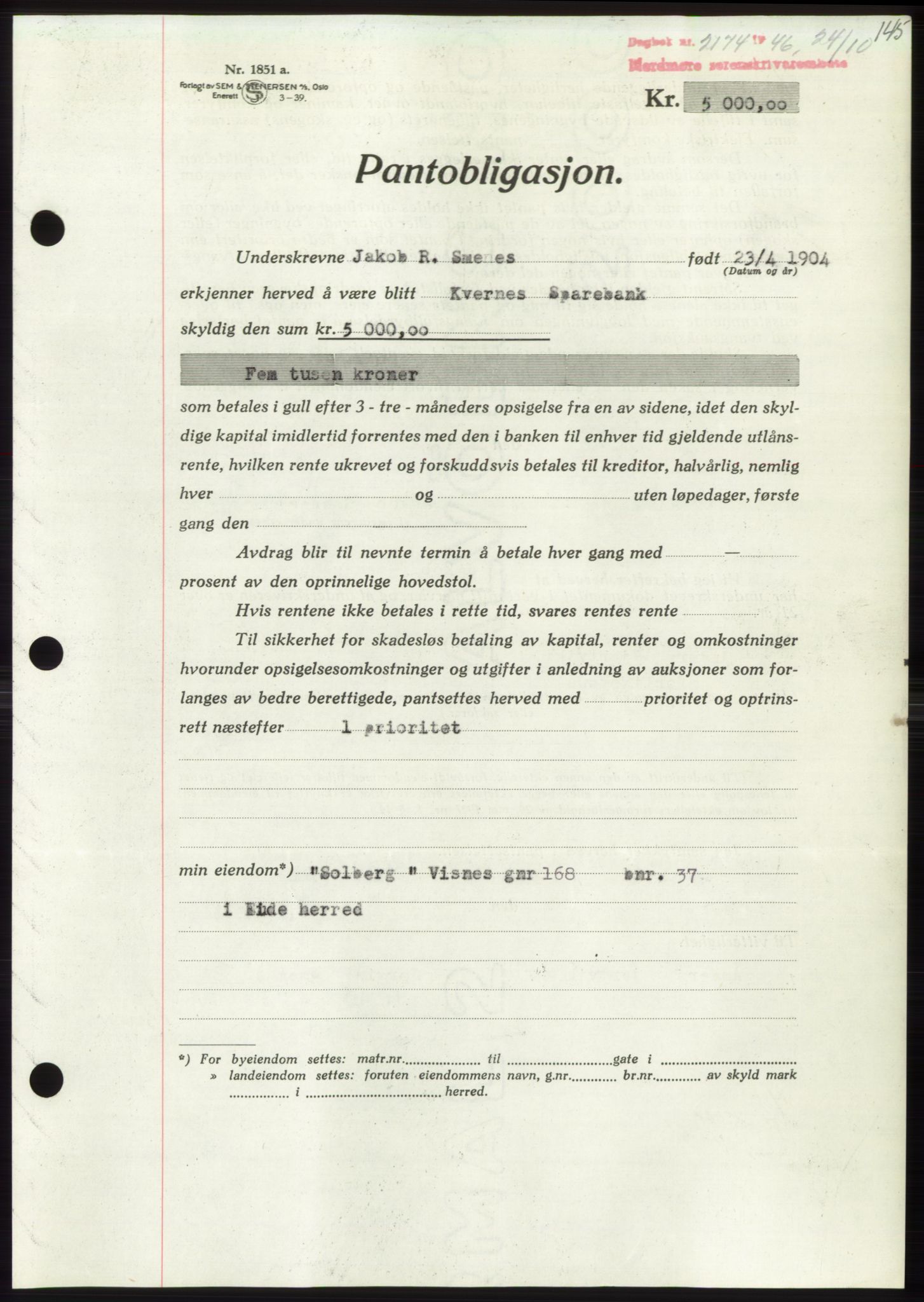 Nordmøre sorenskriveri, AV/SAT-A-4132/1/2/2Ca: Pantebok nr. B95, 1946-1947, Dagboknr: 2174/1946