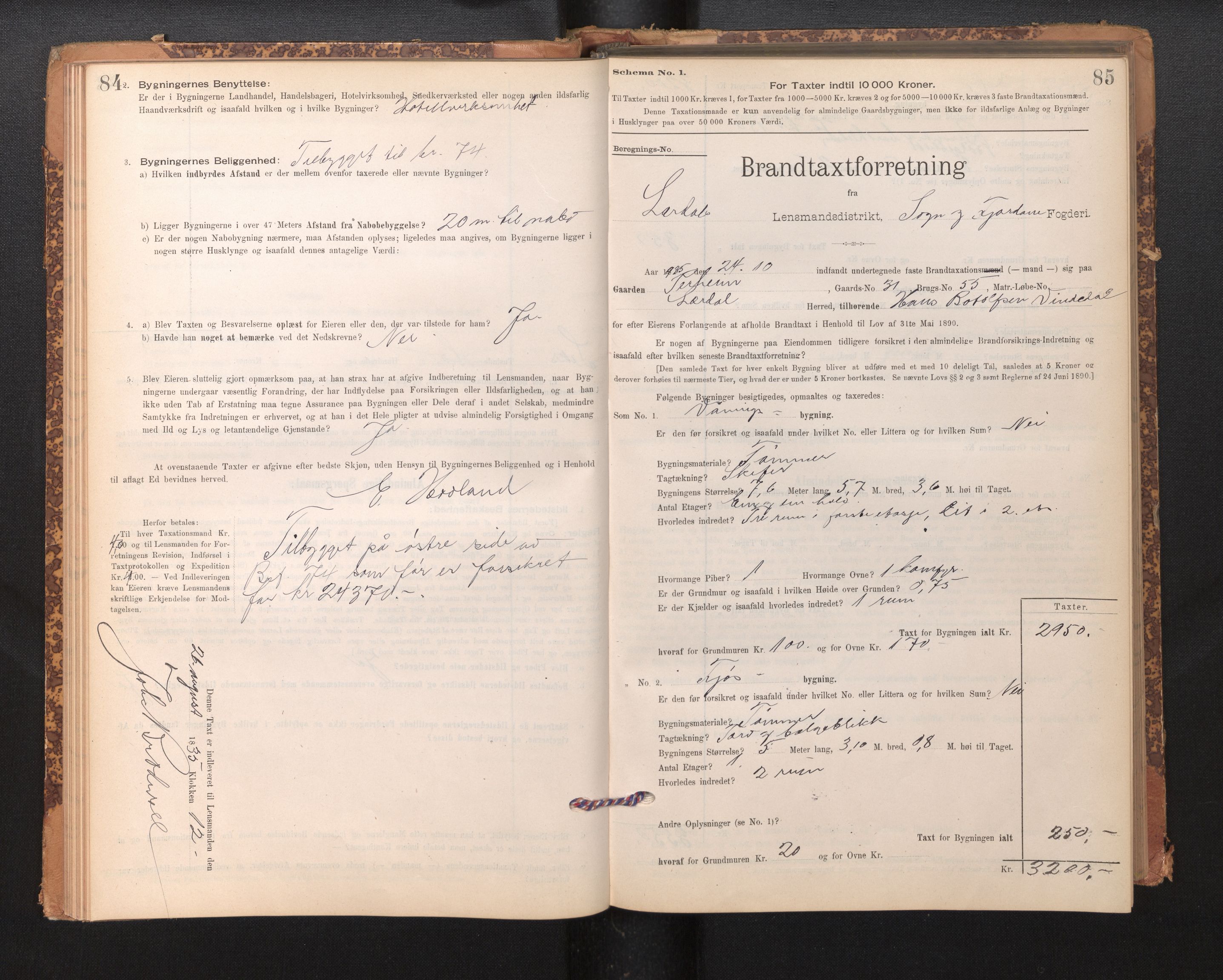 Lensmannen i Lærdal, AV/SAB-A-29401/0012/L0006: Branntakstprotokoll, skjematakst, 1896-1947, s. 84-85