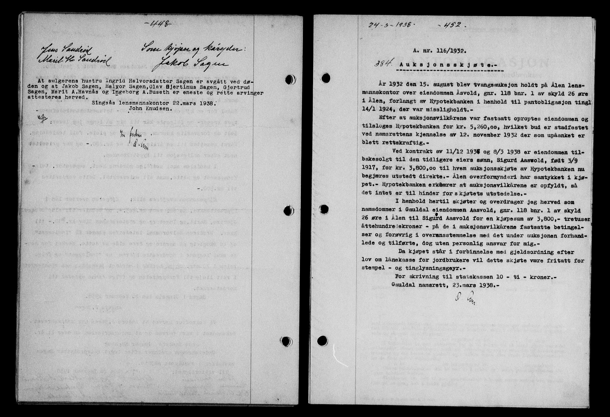 Gauldal sorenskriveri, SAT/A-0014/1/2/2C/L0048: Pantebok nr. 51-52, 1937-1938, s. 448, Dagboknr: 384/1938