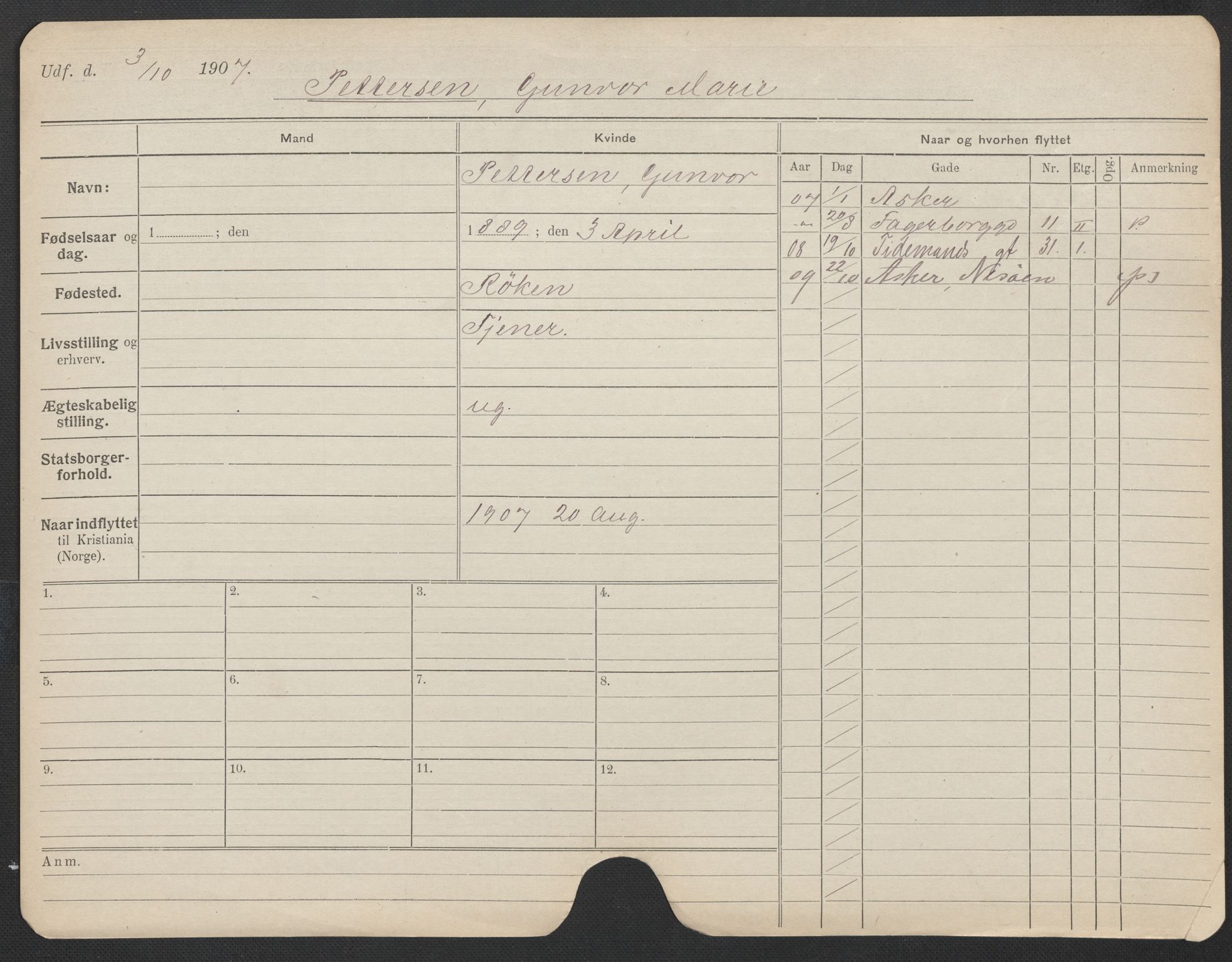 Oslo folkeregister, Registerkort, SAO/A-11715/F/Fa/Fac/L0022: Kvinner, 1906-1914, s. 952a