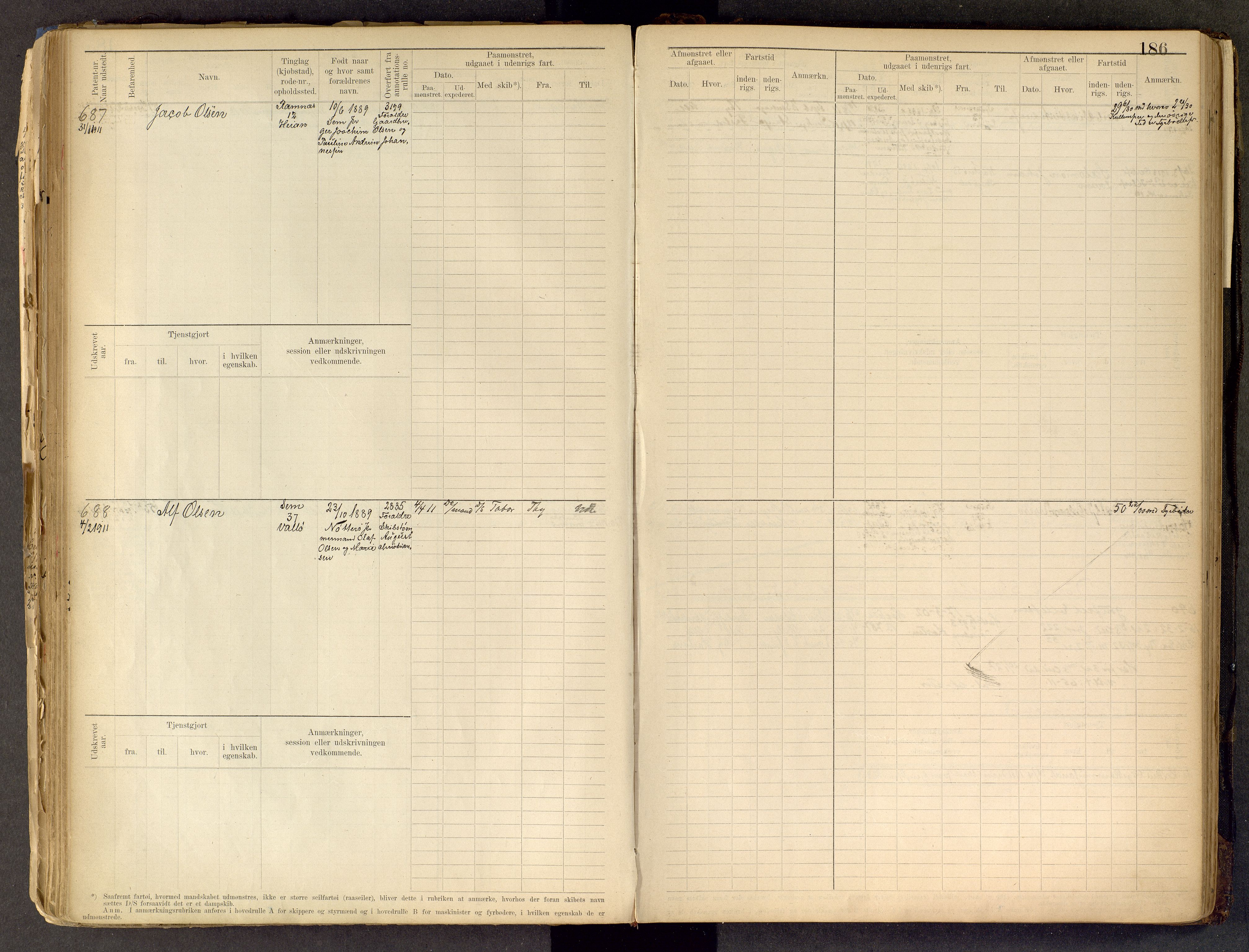 Tønsberg innrulleringskontor, AV/SAKO-A-786/F/Fe/L0002: Maskinist- og fyrbøterrulle Patent nr. 315-1110, 1902-1924, s. 186