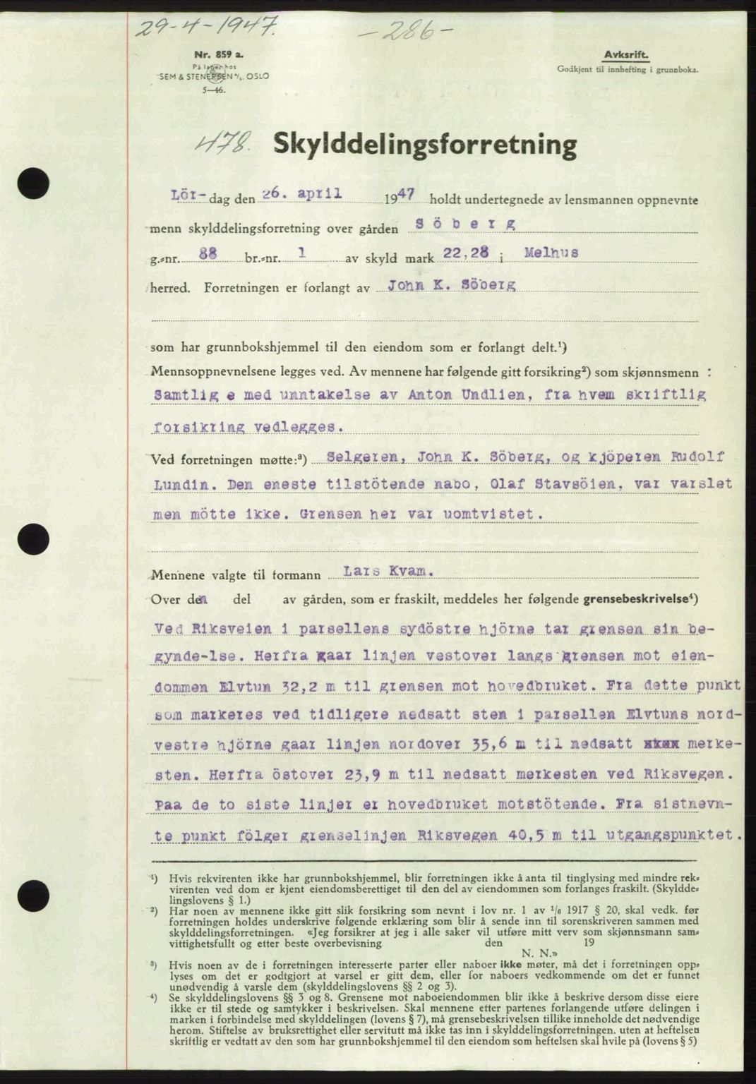 Gauldal sorenskriveri, SAT/A-0014/1/2/2C: Pantebok nr. A3, 1947-1947, Dagboknr: 478/1947
