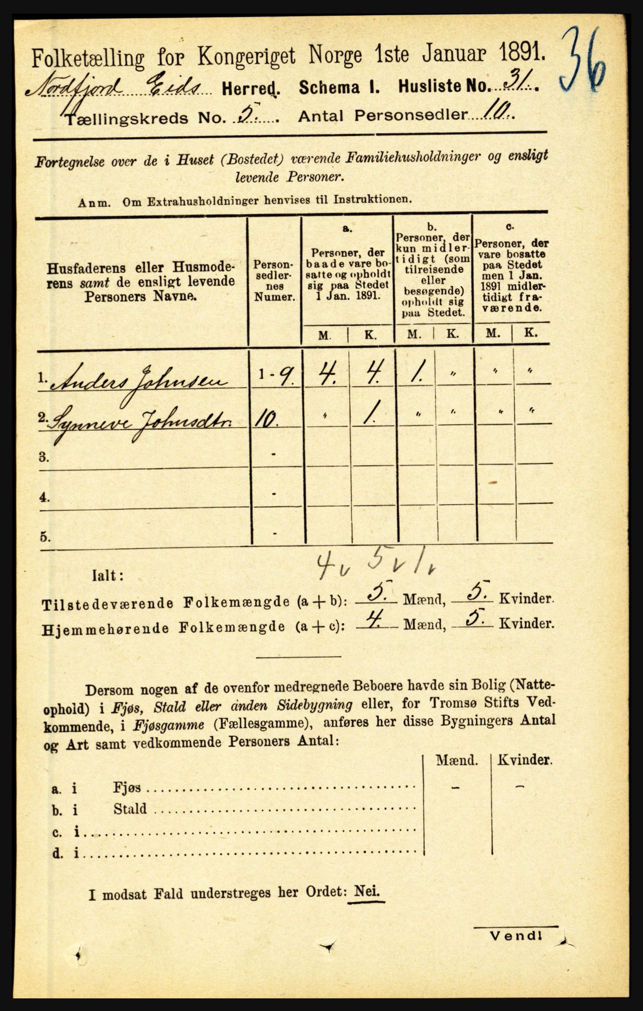 RA, Folketelling 1891 for 1443 Eid herred, 1891, s. 1136