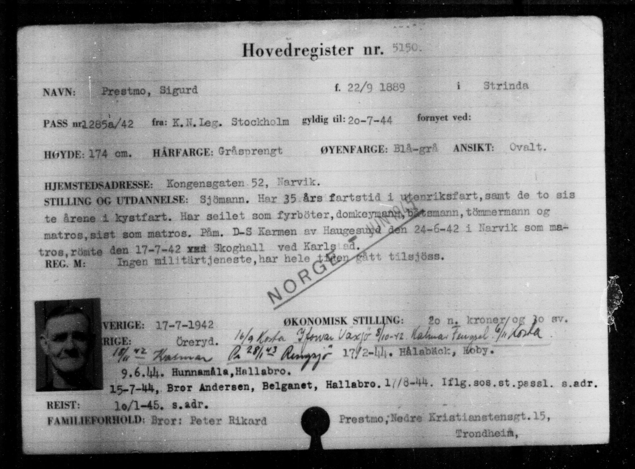 Utenriksstasjonene, Legasjonen i Stockholm, Flyktningkontoret, AV/RA-S-6753/V/Va/L0004: Kjesäterkartoteket, flyktninger med registreringsnr. 3496-6610, 1940-1945, s. 1949