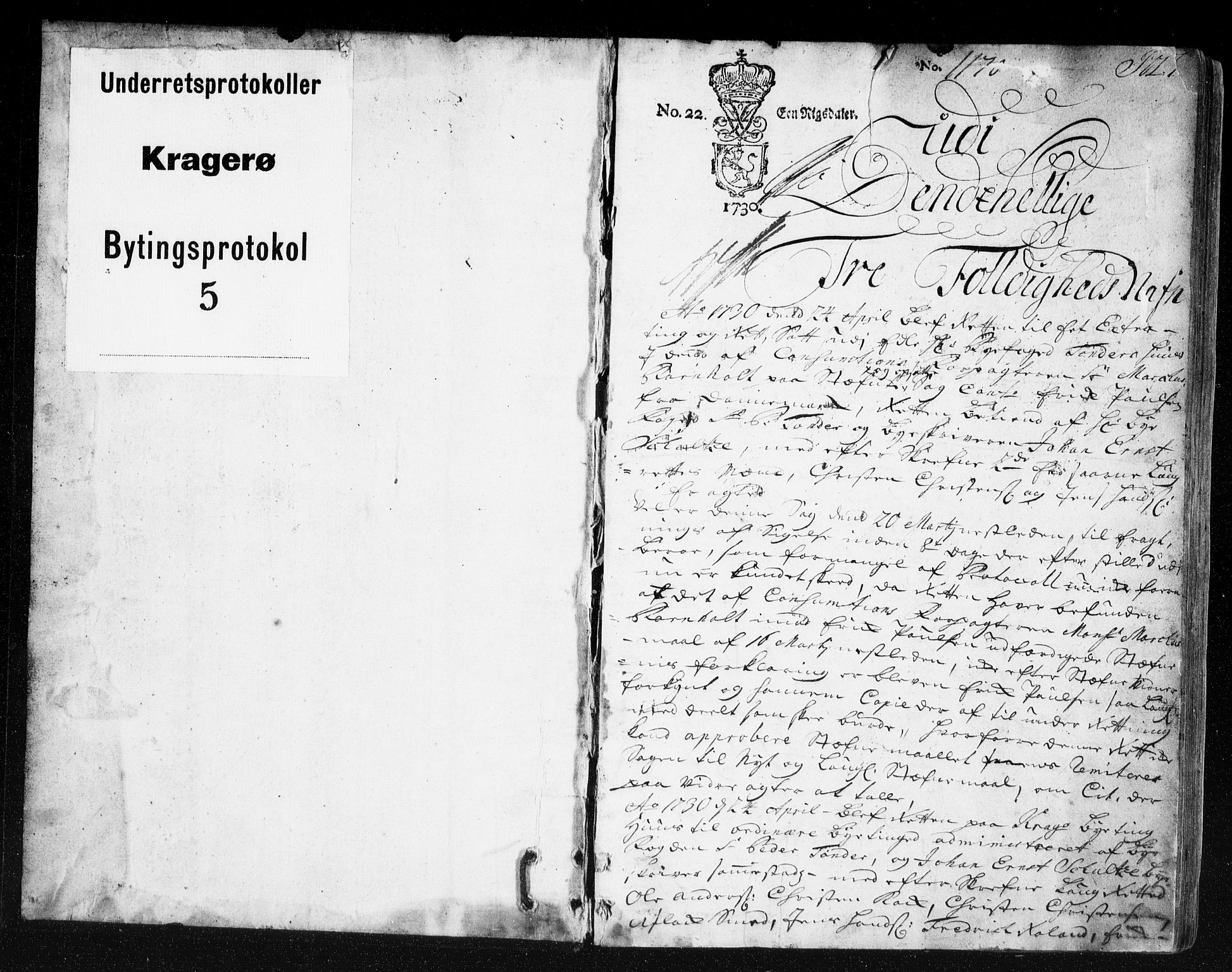 Kragerø byfogd, SAKO/A-215/F/Fa/L0005: Tingbok, 1730-1752, s. 1