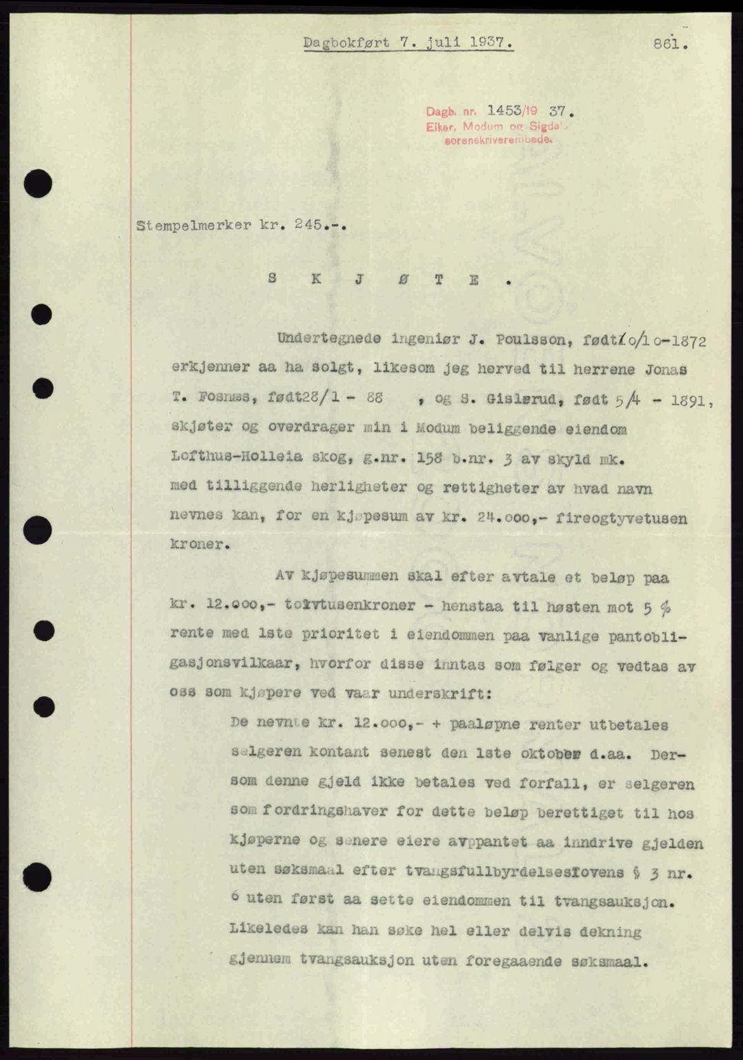 Eiker, Modum og Sigdal sorenskriveri, SAKO/A-123/G/Ga/Gab/L0035: Pantebok nr. A5, 1937-1937, Dagboknr: 1453/1937
