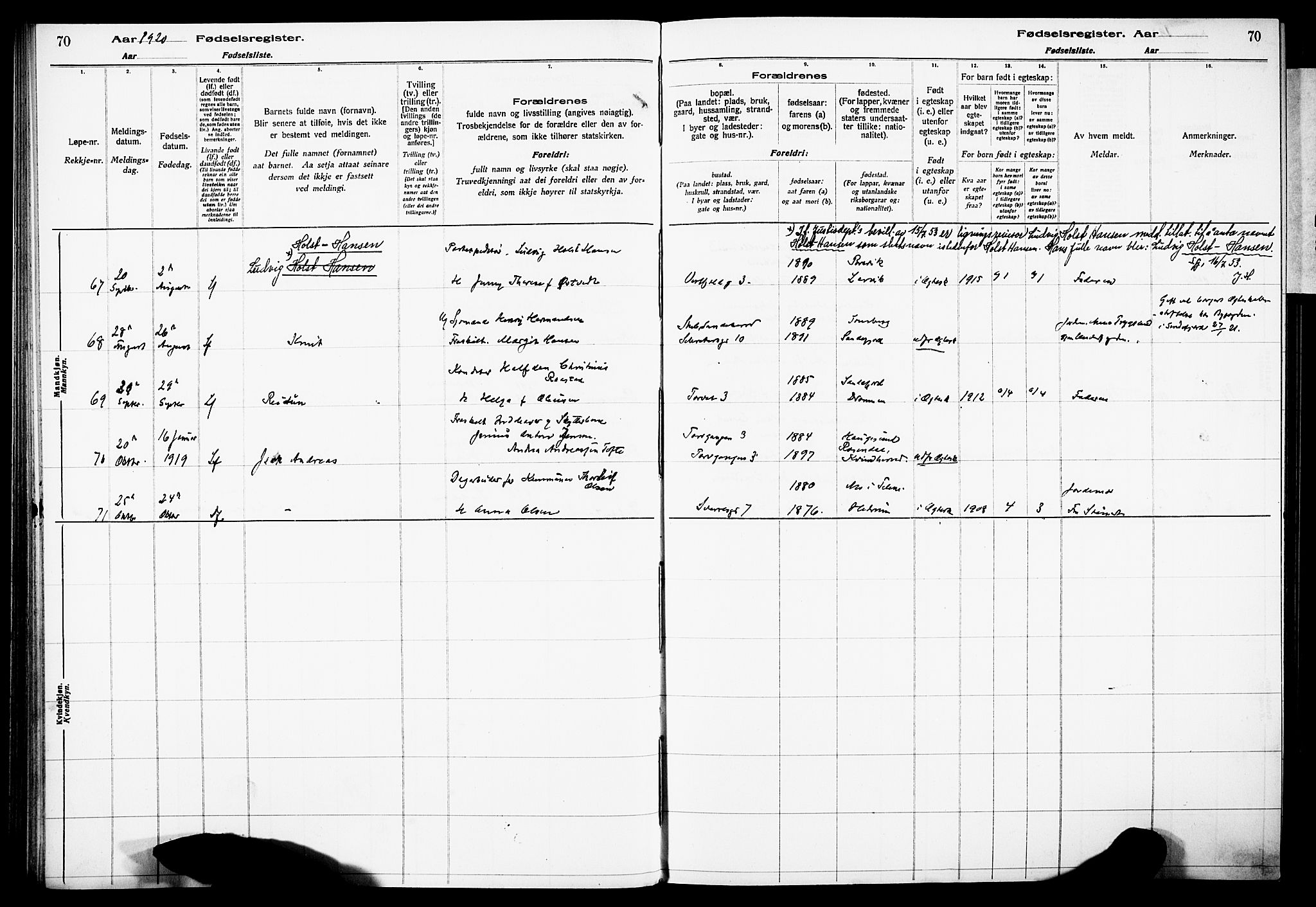 Sandefjord kirkebøker, AV/SAKO-A-315/J/Ja/L0001: Fødselsregister nr. 1, 1916-1932, s. 70