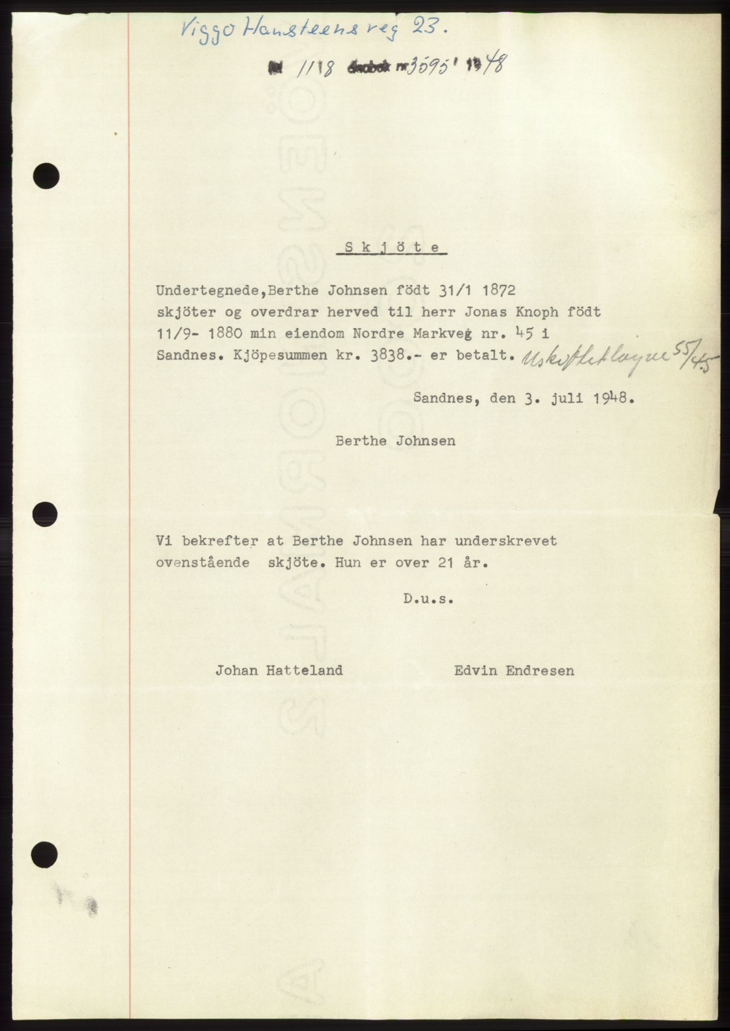 Jæren sorenskriveri, SAST/A-100310/03/G/Gba/L0099: Pantebok, 1948-1948, Dagboknr: 3595/1948