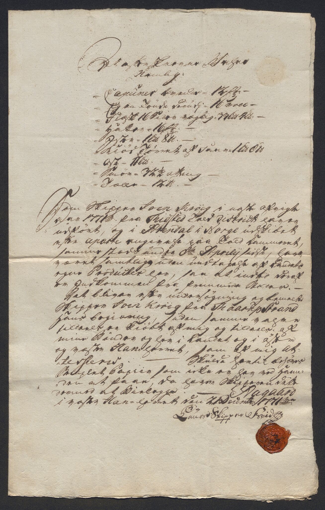 Generaltollkammeret, tollregnskaper, AV/RA-EA-5490/R15/L0070/0005: Tollregnskaper Arendal / Dokumenter til antegnelser, 1771, s. 1