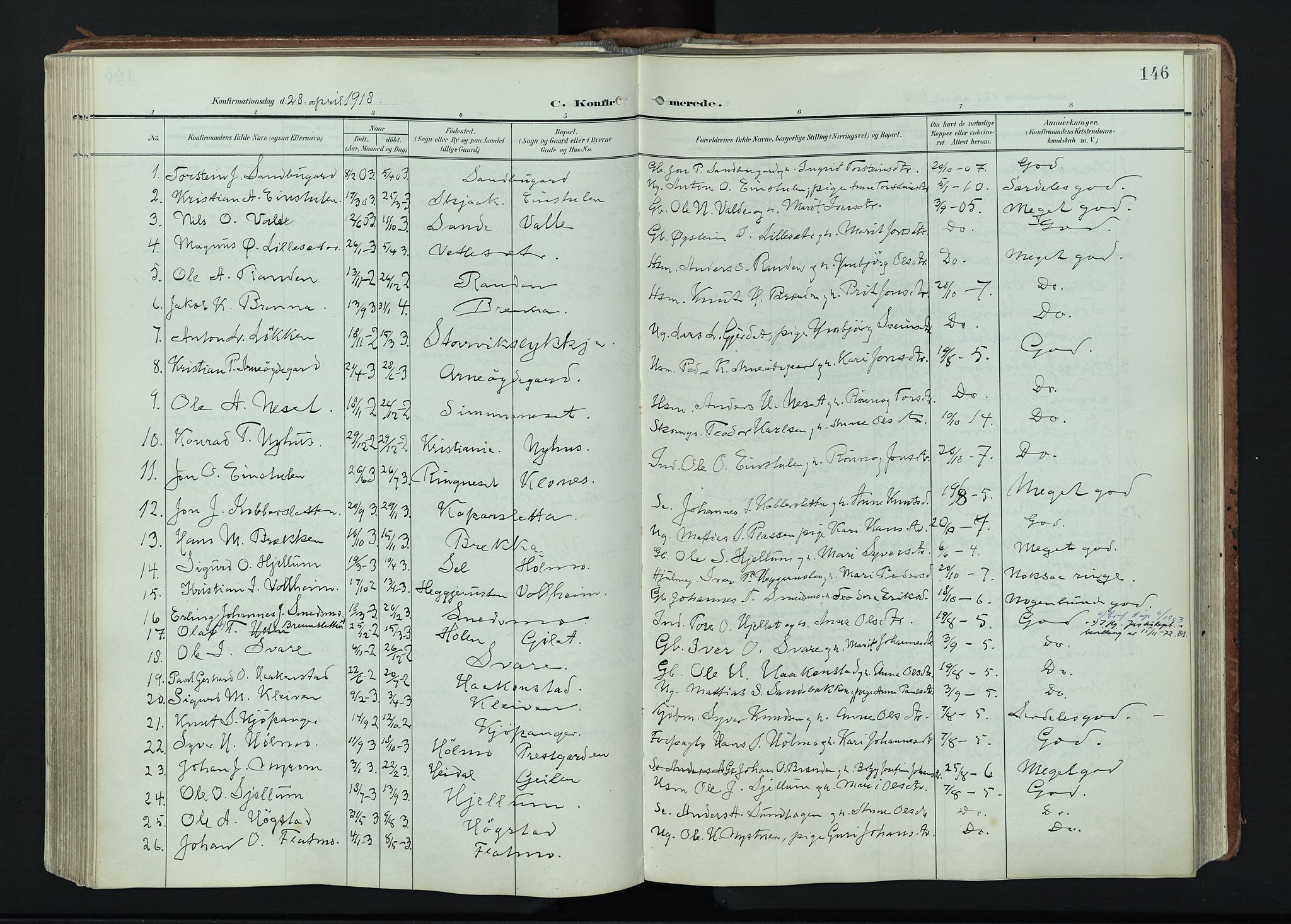 Vågå prestekontor, AV/SAH-PREST-076/H/Ha/Haa/L0011: Ministerialbok nr. 11, 1905-1924, s. 146