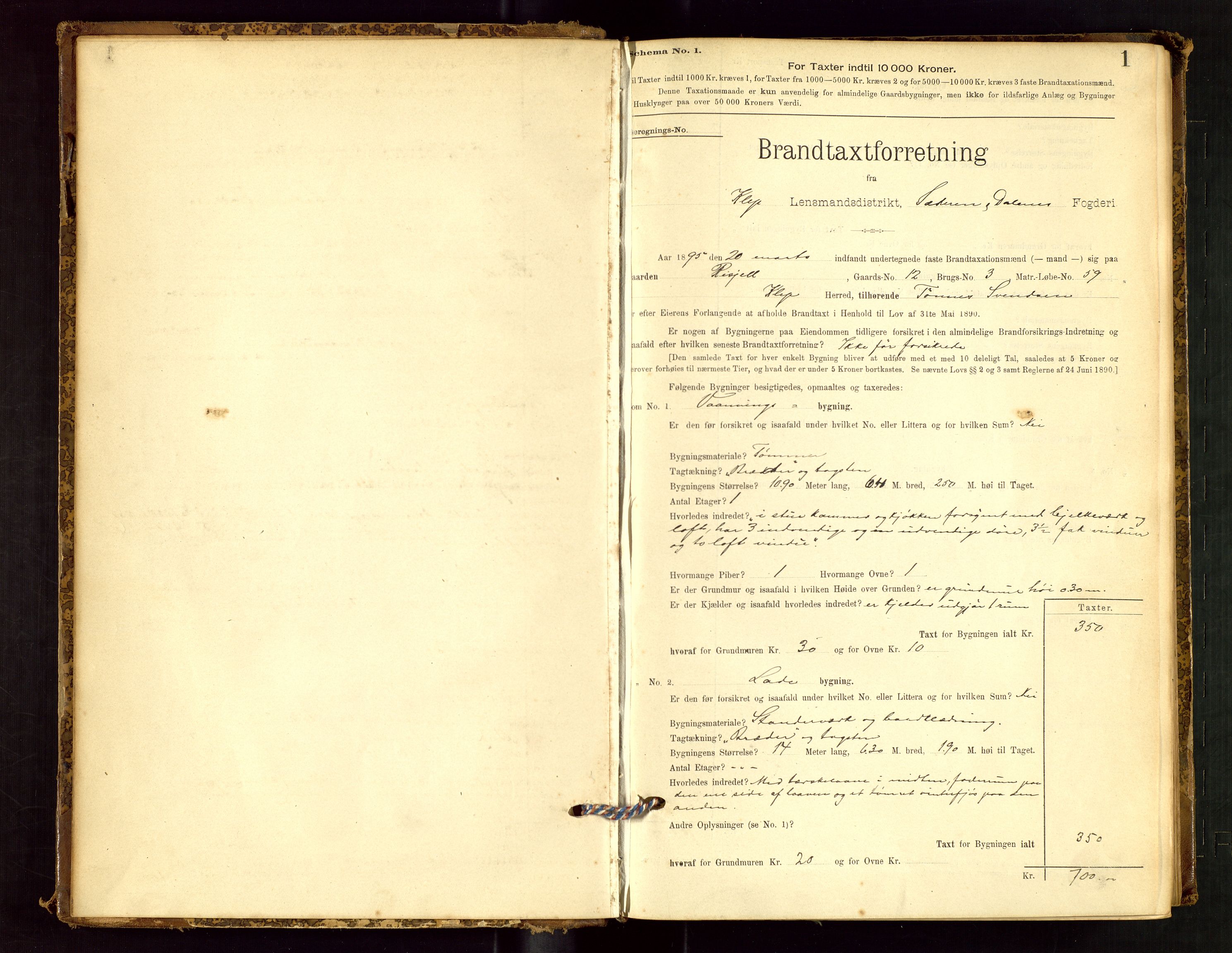 Klepp lensmannskontor, SAST/A-100163/Goc/L0001: "Brandtaxationsprotokol" m/register, 1895-1898, s. 1