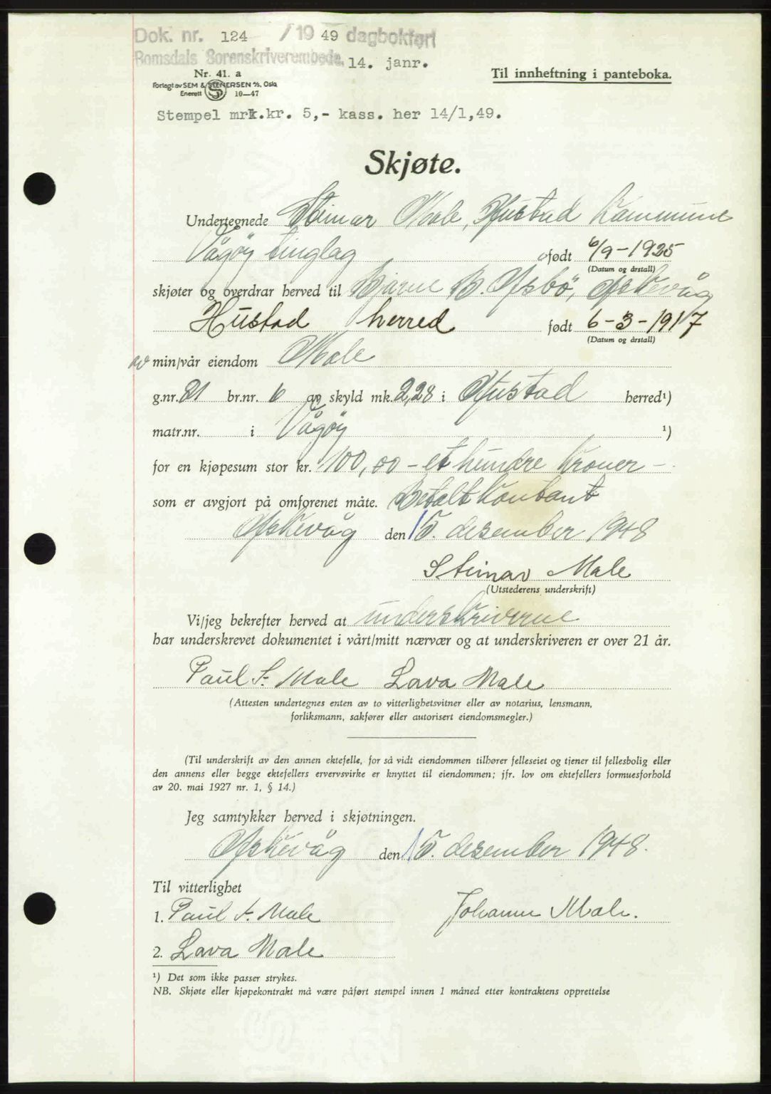 Romsdal sorenskriveri, AV/SAT-A-4149/1/2/2C: Pantebok nr. A28, 1948-1949, Dagboknr: 124/1949