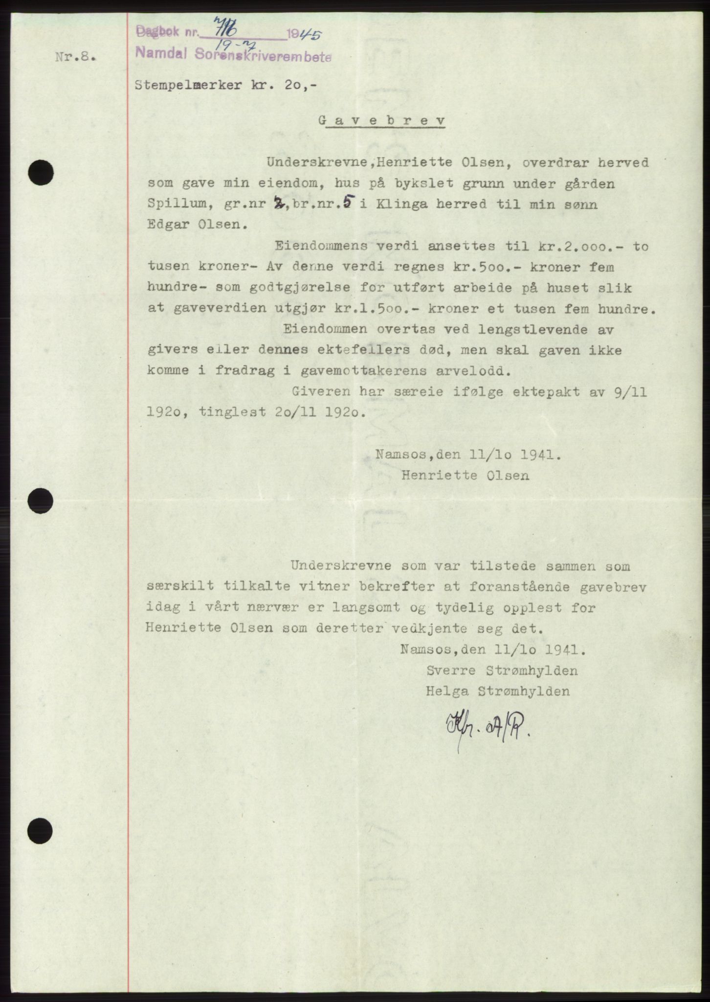 Namdal sorenskriveri, SAT/A-4133/1/2/2C: Pantebok nr. -, 1944-1945, Dagboknr: 716/1945