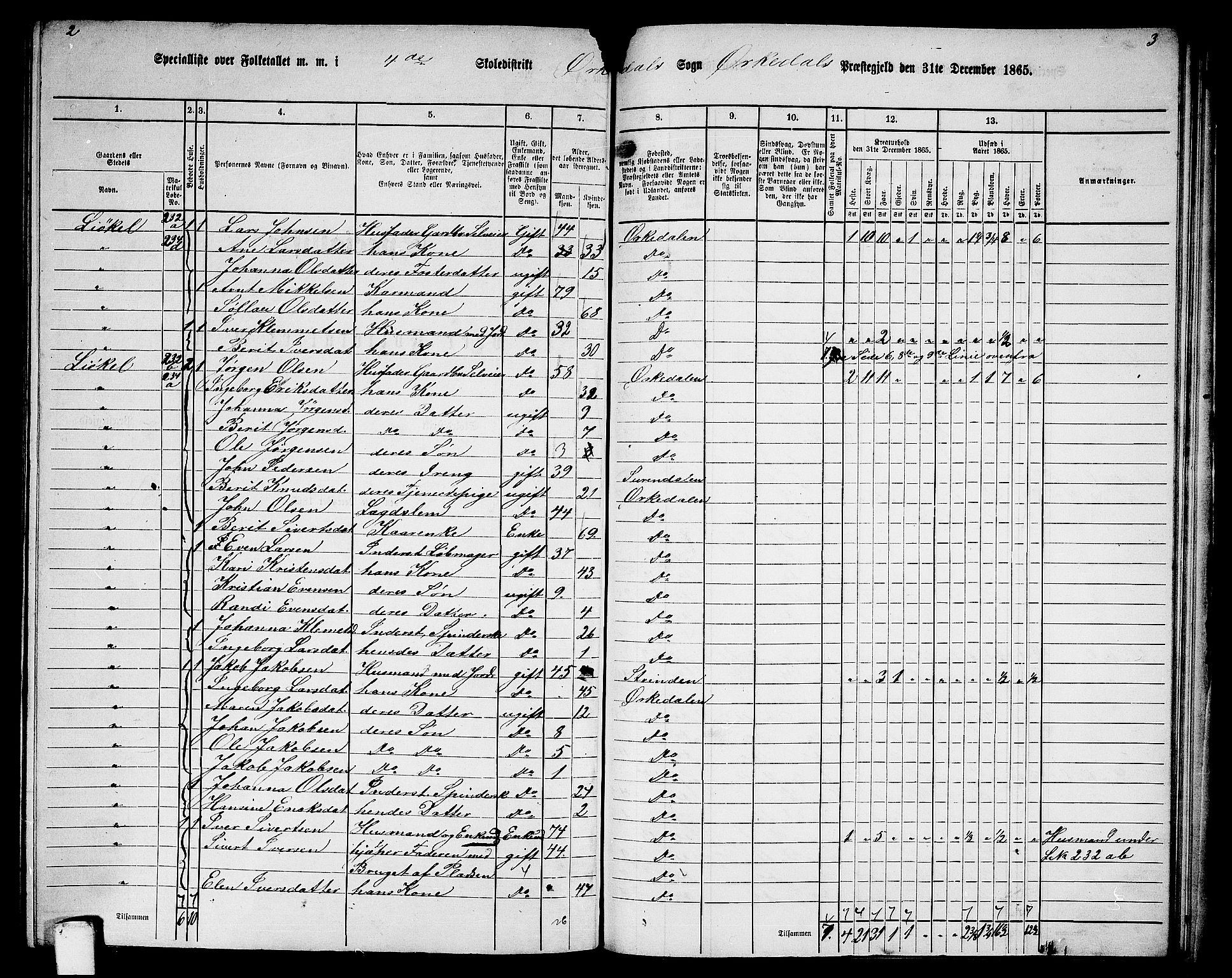 RA, Folketelling 1865 for 1638P Orkdal prestegjeld, 1865, s. 222