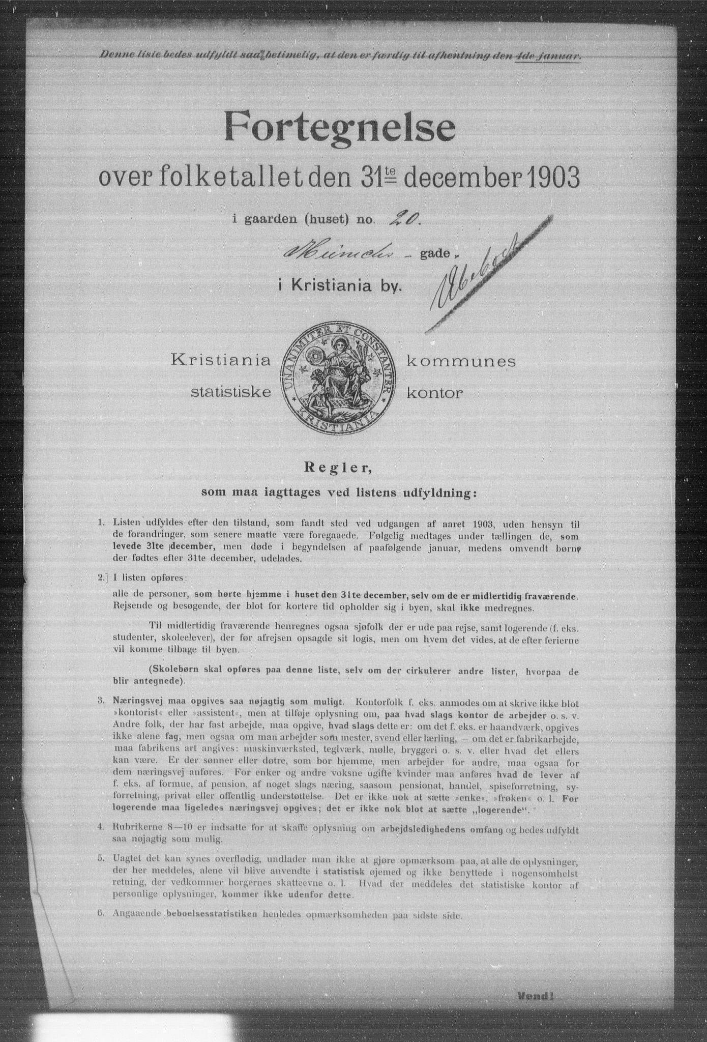 OBA, Kommunal folketelling 31.12.1903 for Kristiania kjøpstad, 1903, s. 407