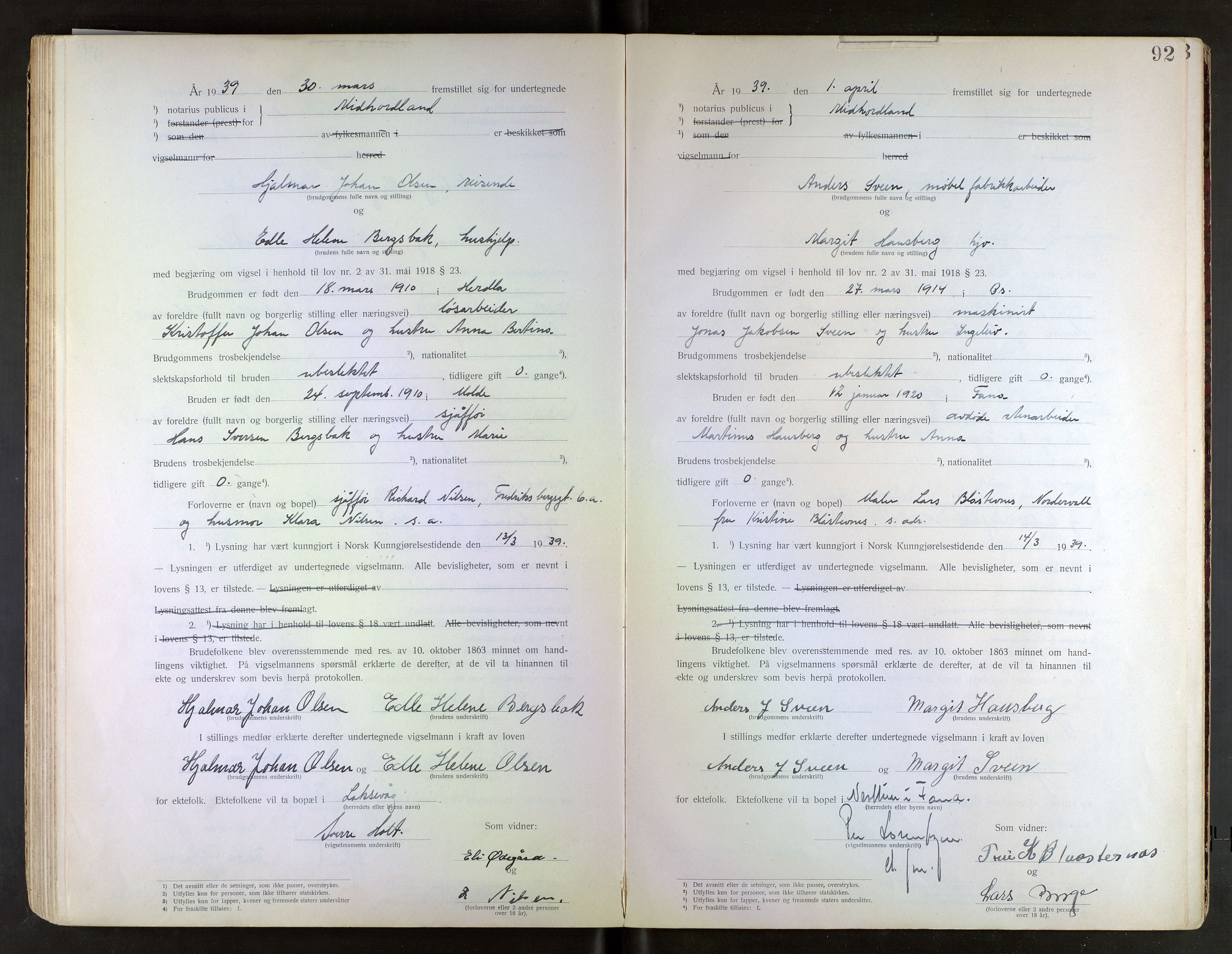 Midhordland sorenskriveri, AV/SAB-A-3001/1/M/Mc/Mca/L0001: Notarialbilag. Vigselbøker, 1920-1939, s. 92