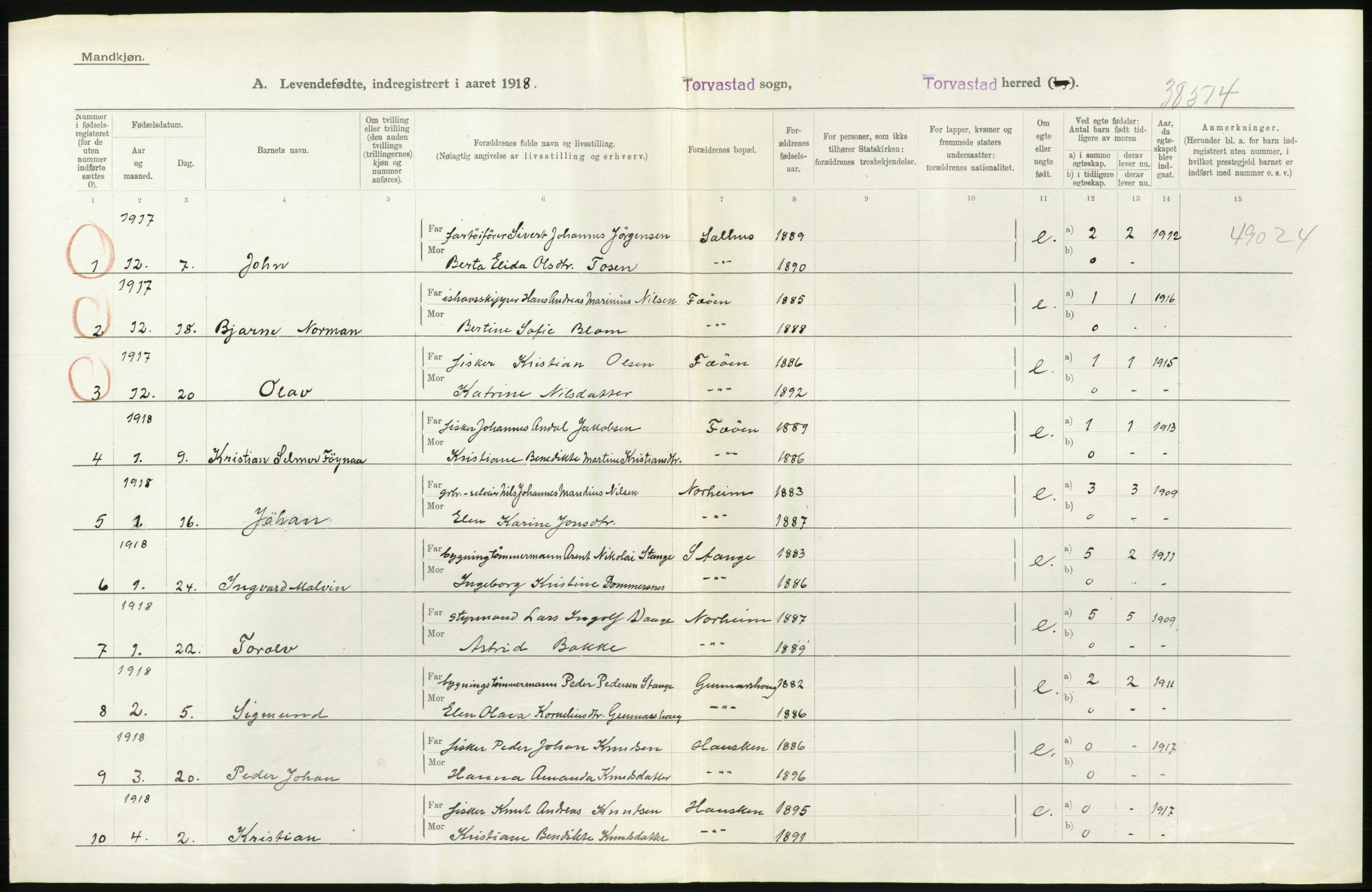 Statistisk sentralbyrå, Sosiodemografiske emner, Befolkning, AV/RA-S-2228/D/Df/Dfb/Dfbh/L0031: Rogaland fylke: Levendefødte menn og kvinner. Bygder., 1918